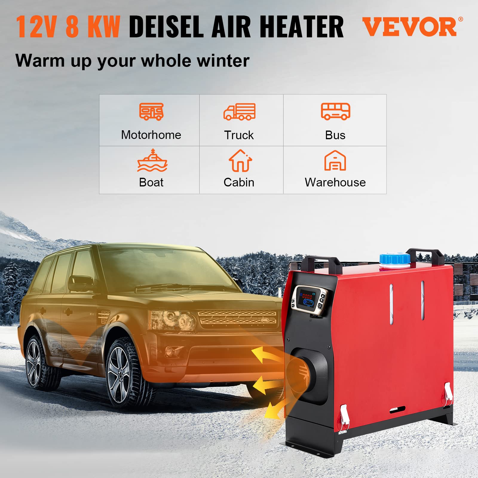 VEVOR Diesel Air Heater 8KW with Remote Control, LCD Switch - Black/Red, Ideal for Cars, Buses, Trucks, and Boats