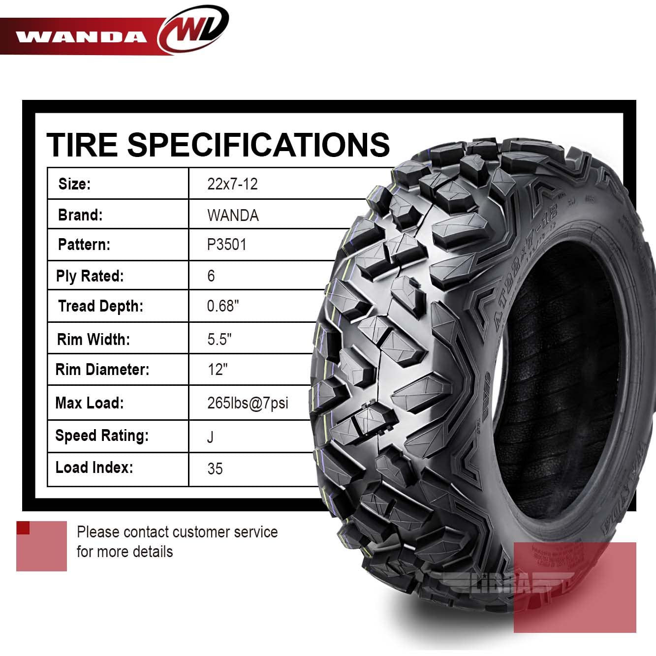 WANDA ATV Tires Set of 2 - Bighorn Style, 22x7-12, 6PR, Model P3501