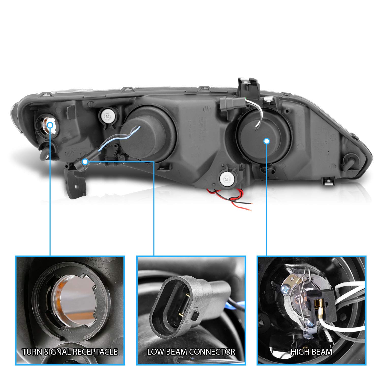 AmeriLite Halogen Projector Headlights with Amber LED Halo for 2006-2009 Honda Civic 4 Door/Hybrid Sedan, Black, Driver & Passenger Side