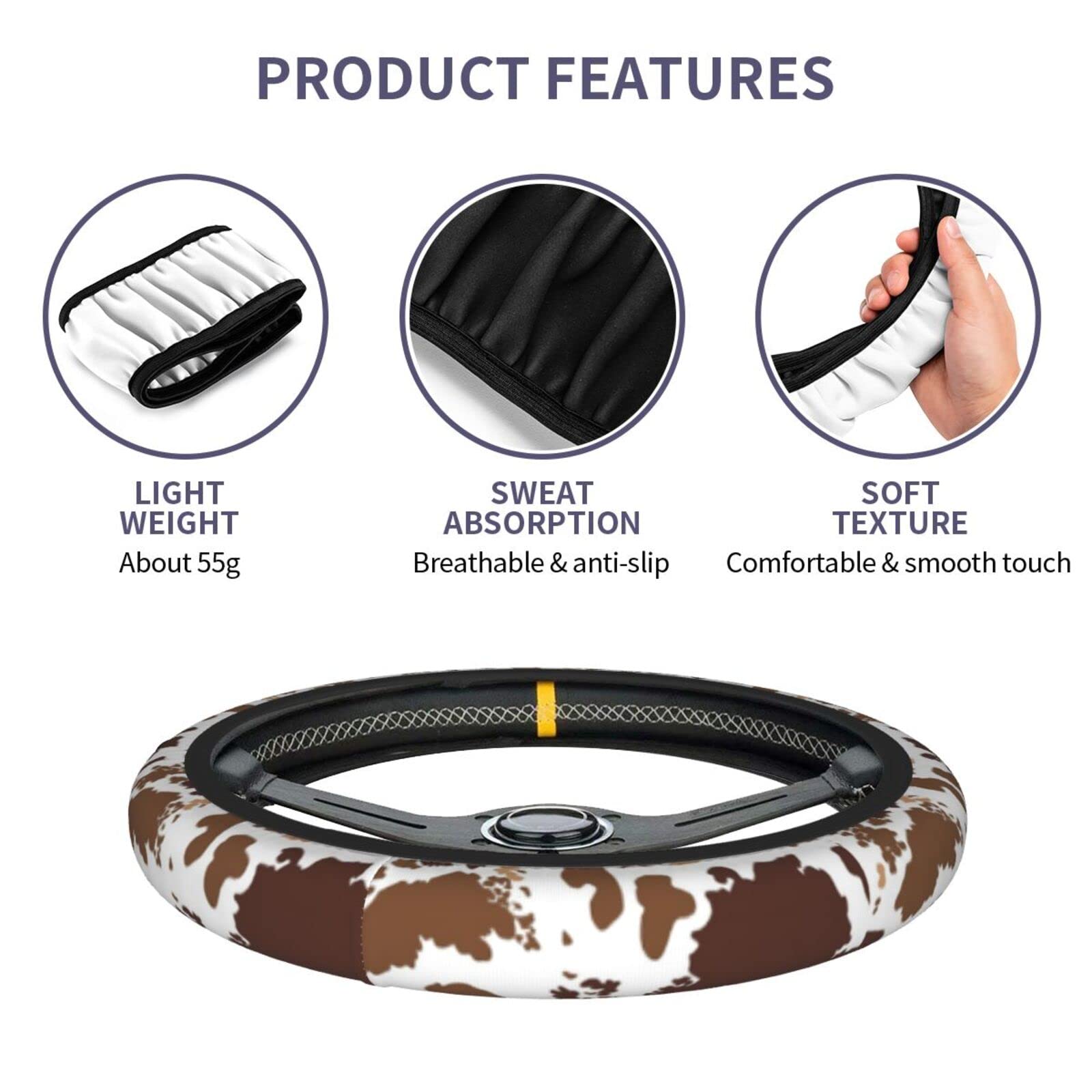 Sanghing Neoprene Steering Wheel Cover, 15" Anti-Slip, Brown Cow Print, Universal Fit for Cars, Trucks, SUVs