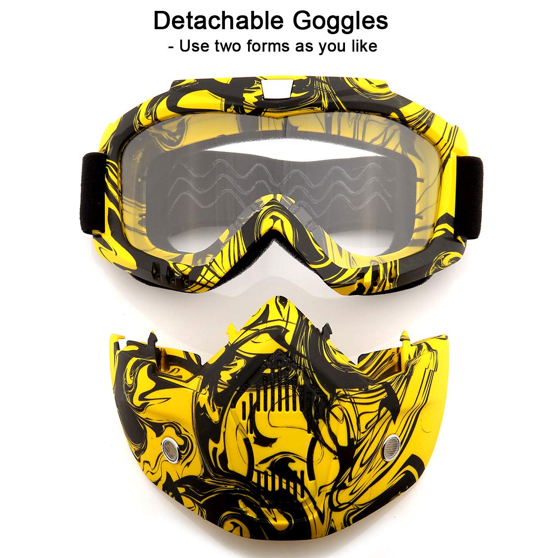 SPOSUNE Motorcycle Goggles with Detachable Face Mask, Anti-Scratch UV400 Eyewear, Clear Lens, 7.87 x 0.6 inch, Mt-009-yb Color