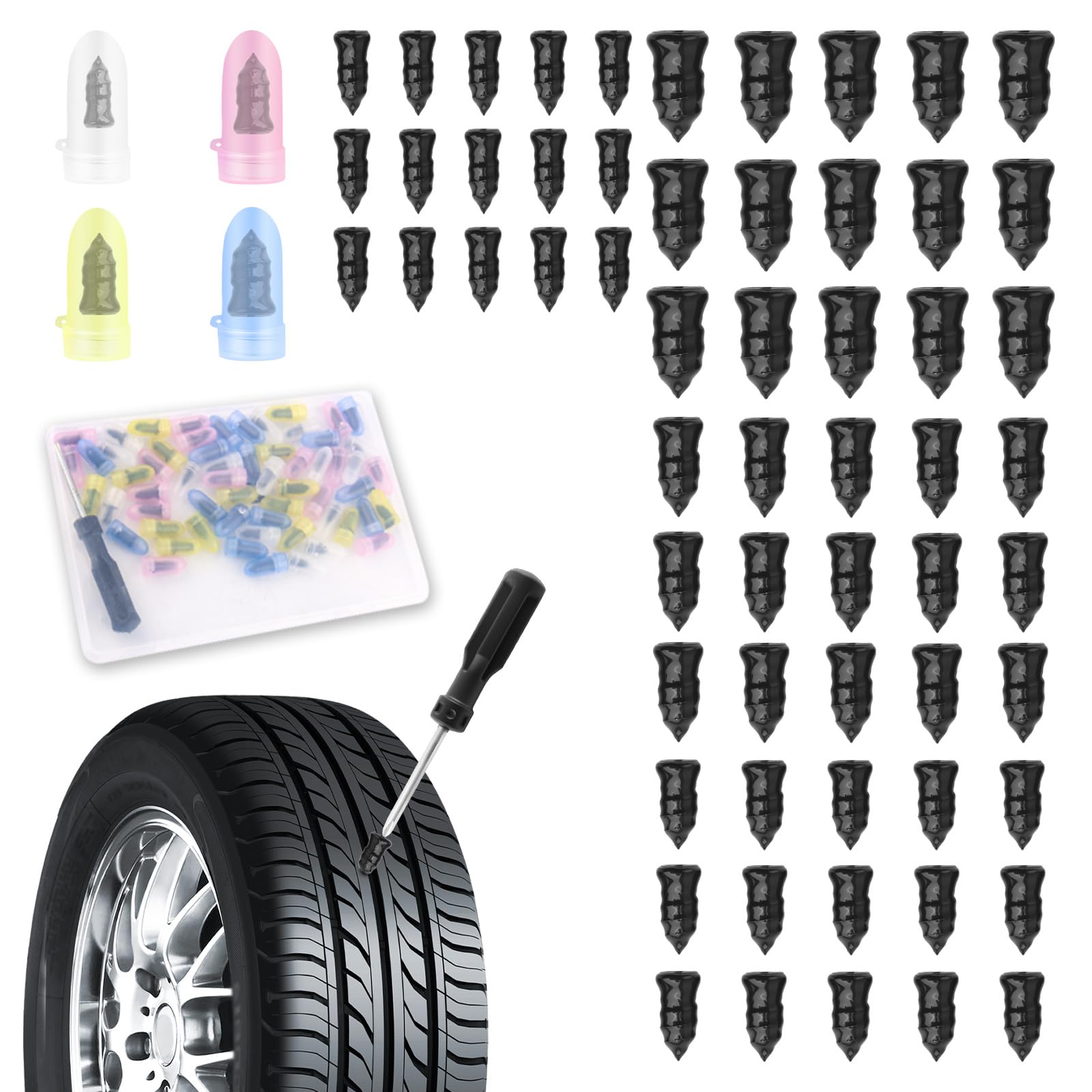 IHOTDER Upgraded 60PCS Car Screw Tire Plugs Kit,Self-Service Tire Repair Rubber Nail Kit with Screwdriver & 4 Sizes of Tires Rep
