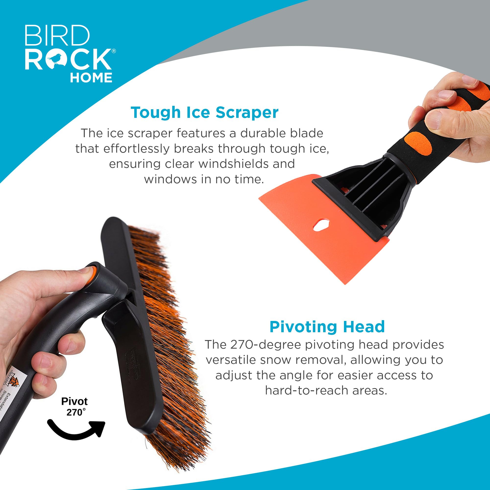 BIRDROCK HOME Extendable 50" Snow Moover Car Brush & Ice Scraper - Heavy Duty Orange for Trucks, SUVs, Windshields