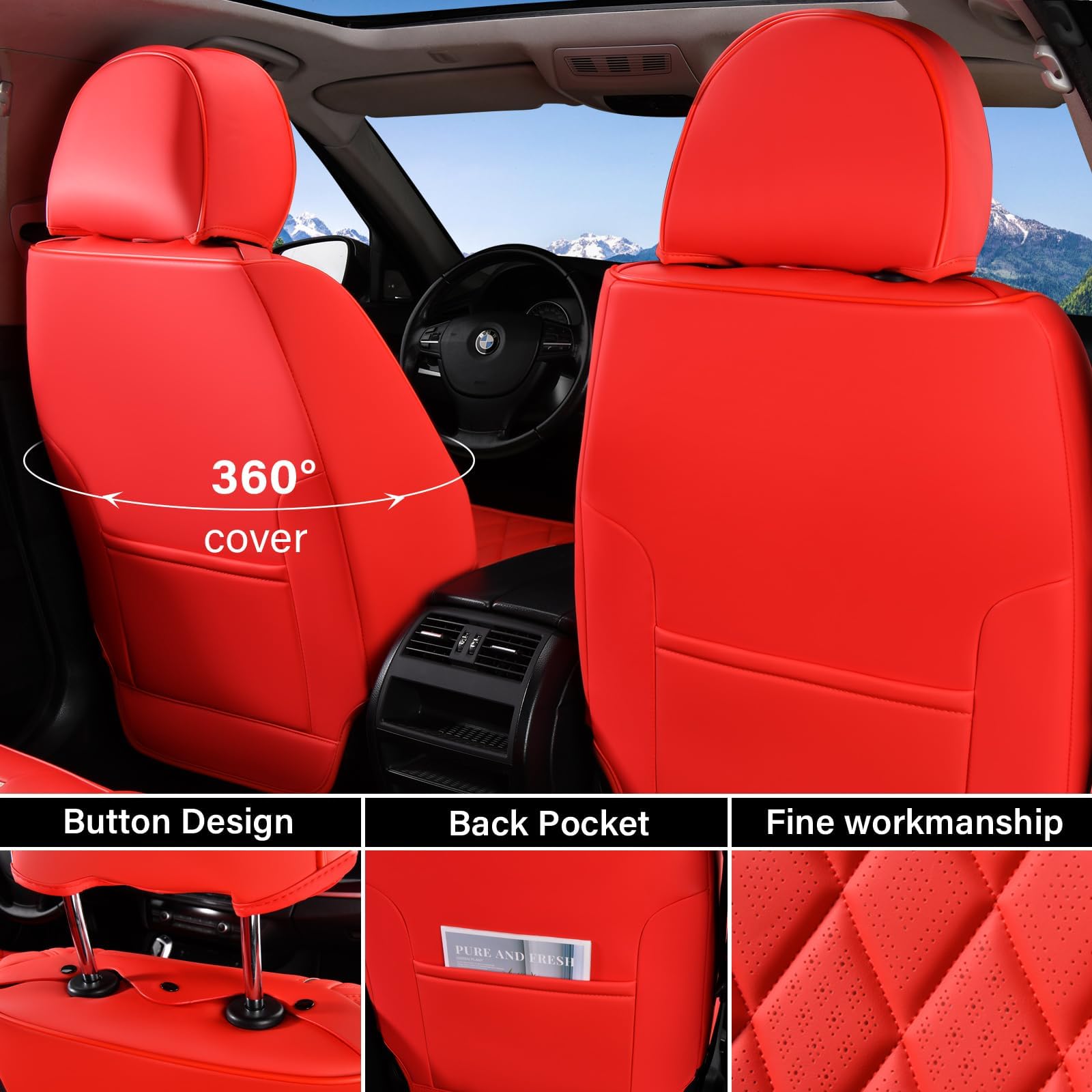 Coverado Leather Seat Covers - Waterproof Faux Leather Front Pair, A-Red, Model SCU030, Universal Fit for Most Cars