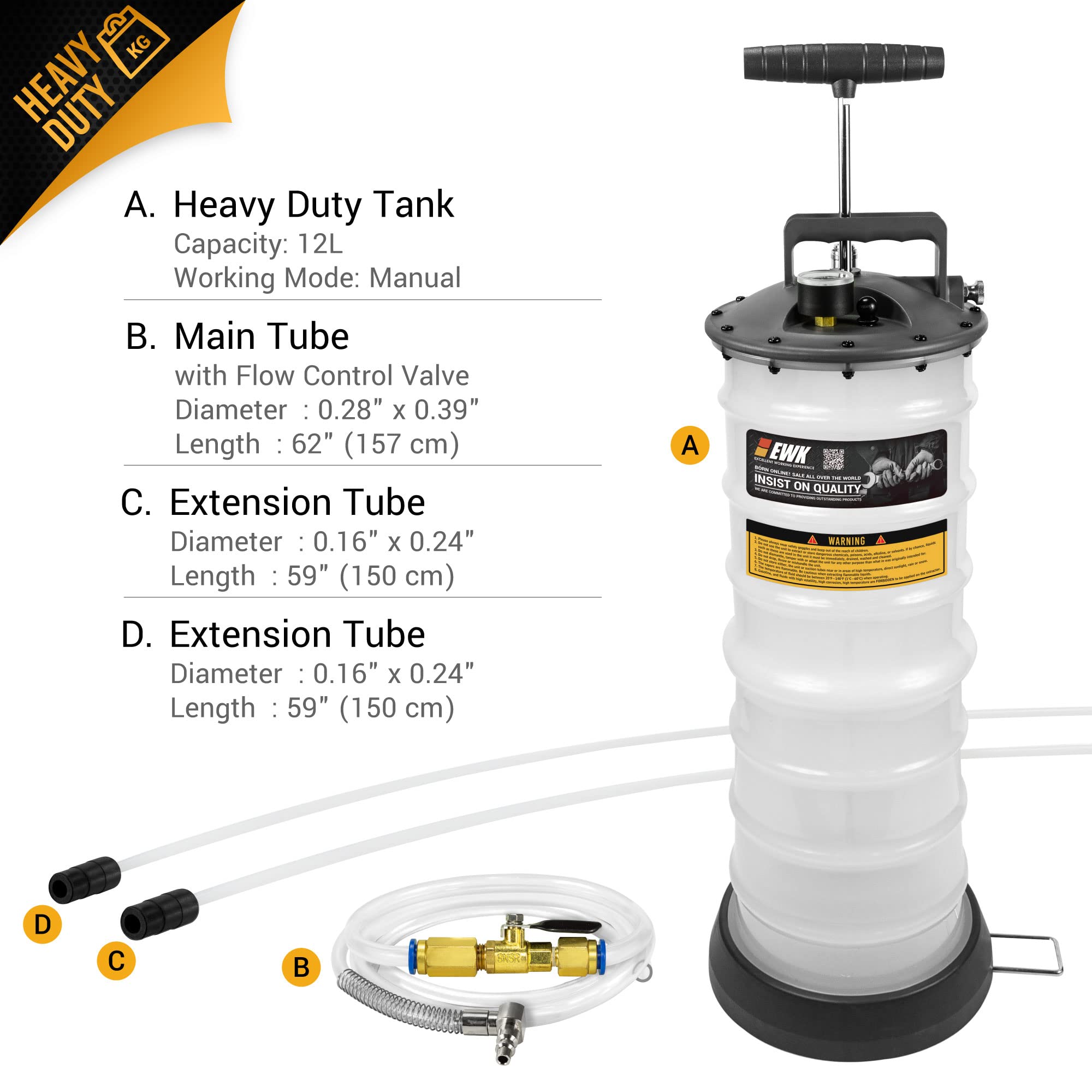 Ewk 12L Heavy Duty Manual Oil Extractor/Dispenser Pump For Automotive Fluids Vacuum Evacuation