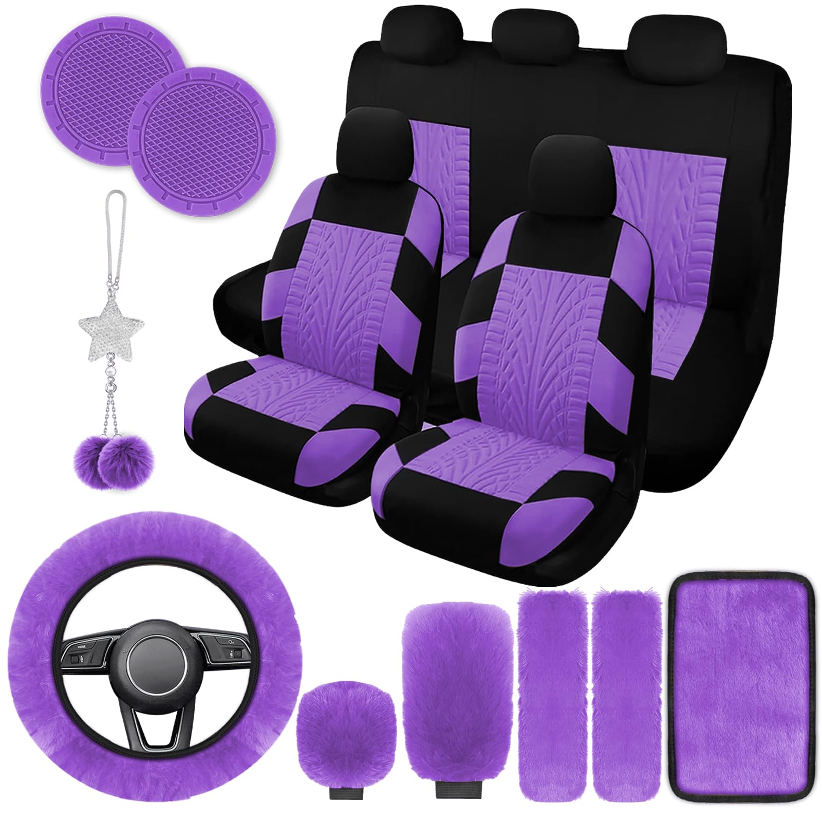 JINGSEN 17 Car Seat Cover Full Set for Women,Universal Car Seat Cover, Plush Steering Wheel Cover,Fluffy Soft Wool Handbrake Gea
