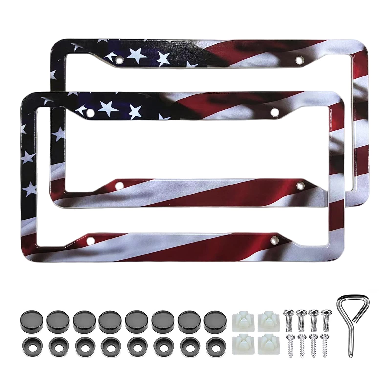American Flag License Plate Frame Holder - 2 Pack Universal Aluminum Matte Stripe Us Flag Gloss Patriotic Car Plate Frame Covers