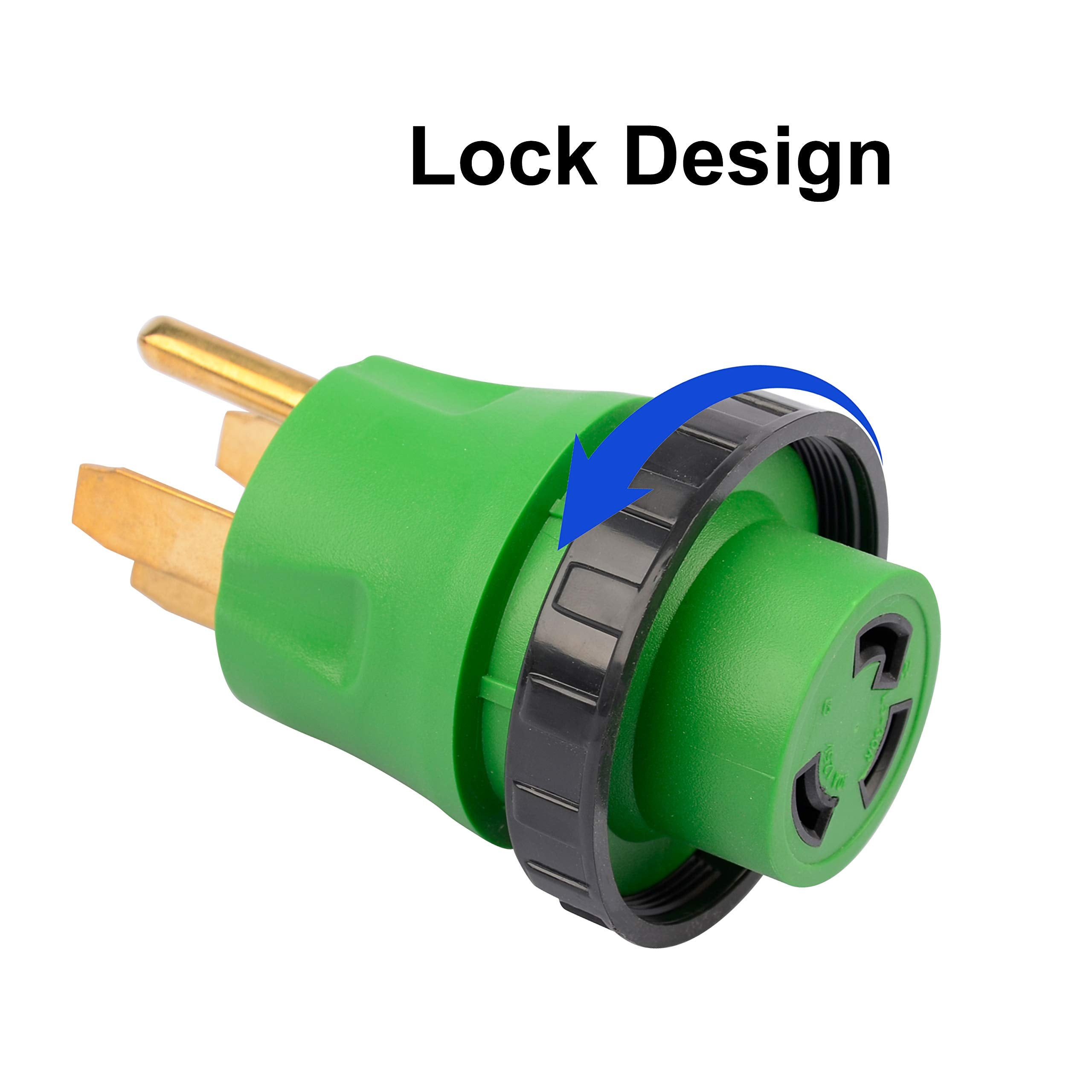 RVGUARD 50 Amp to 30 Amp RV Adapter Plug, Locking Connector, 14-50P to L5-30R, Green, Model RGADP5030L-G