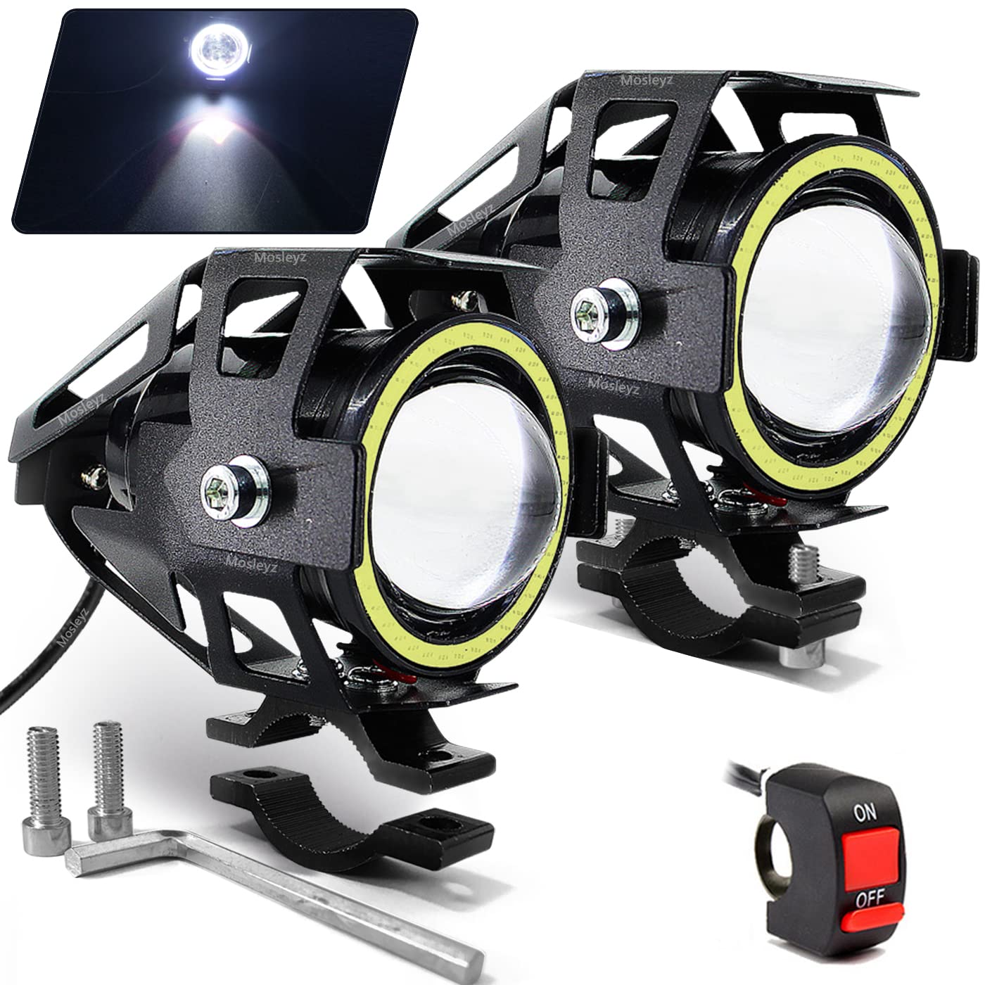 Motorcycle Led Fog Lights U7 Spotlight Daytime Running Lights With White Angel Eyes Halo Ring And Switch 2-Sets