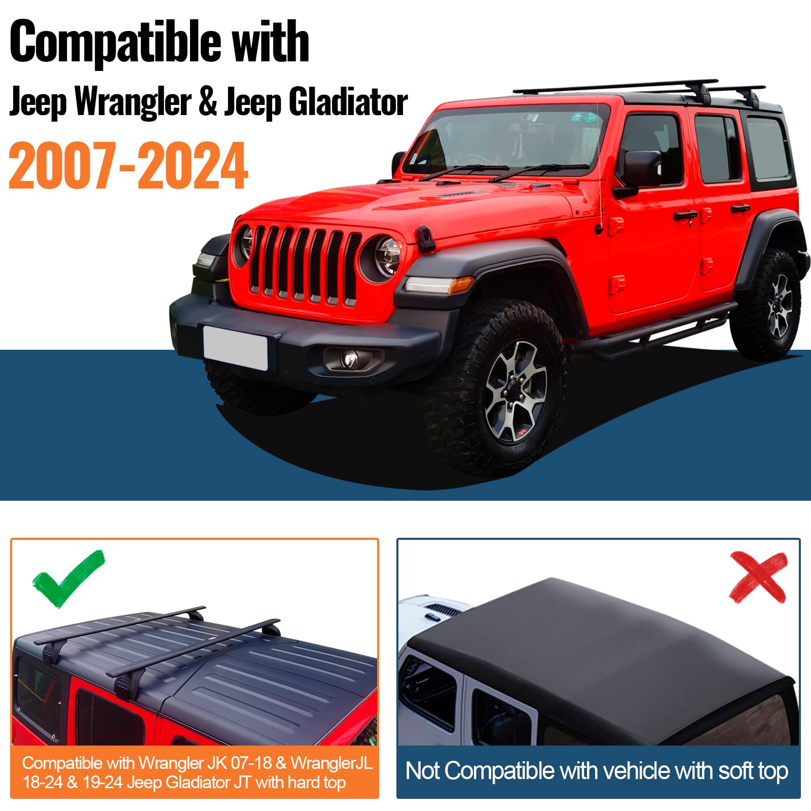 Wonderdriver Roof Rack Cross Bars 200lbs Compatible with Jeep Wrangler JK JL Gladiator JT 2007-2025 with Anti-Theft Metal Lock,