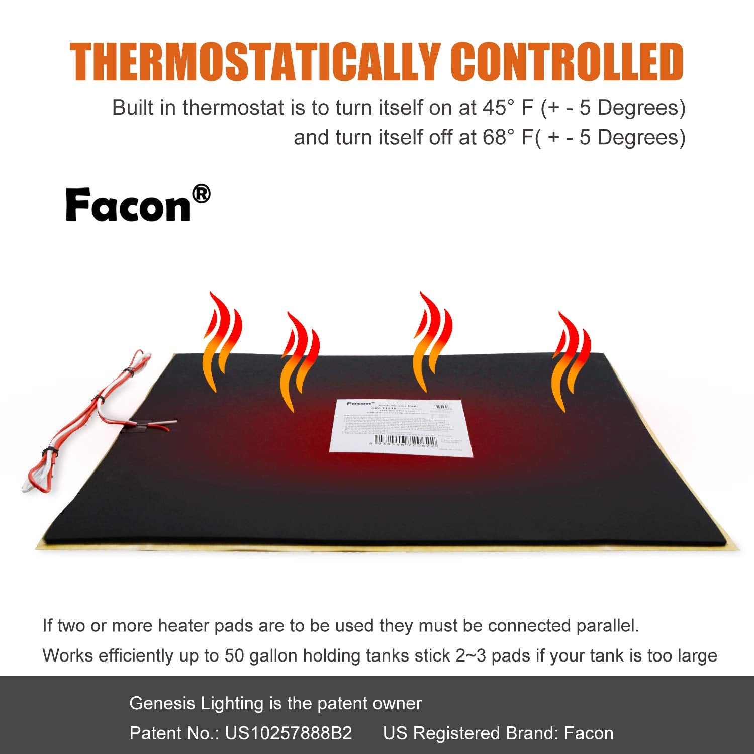 Facon RV Tank Heater Pad with Thermostat, 12" x 18", Black, Prevents Freezing for 50 Gallons, Model CW-T1218, 12V DC