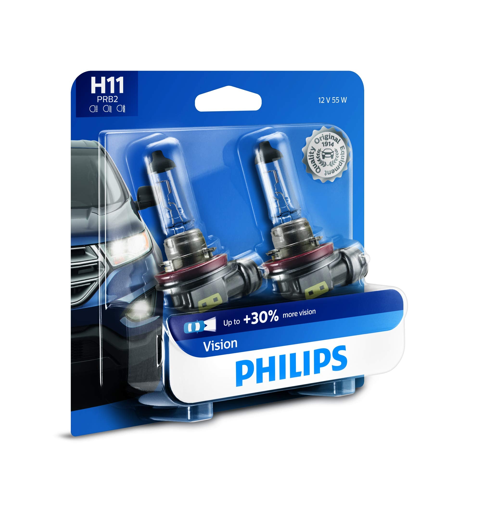 Philips Automotive Lighting H11 Vision Upgrade Headlight Bulb with up to 30% More Vision, 2 Pack,12362PRB2, white