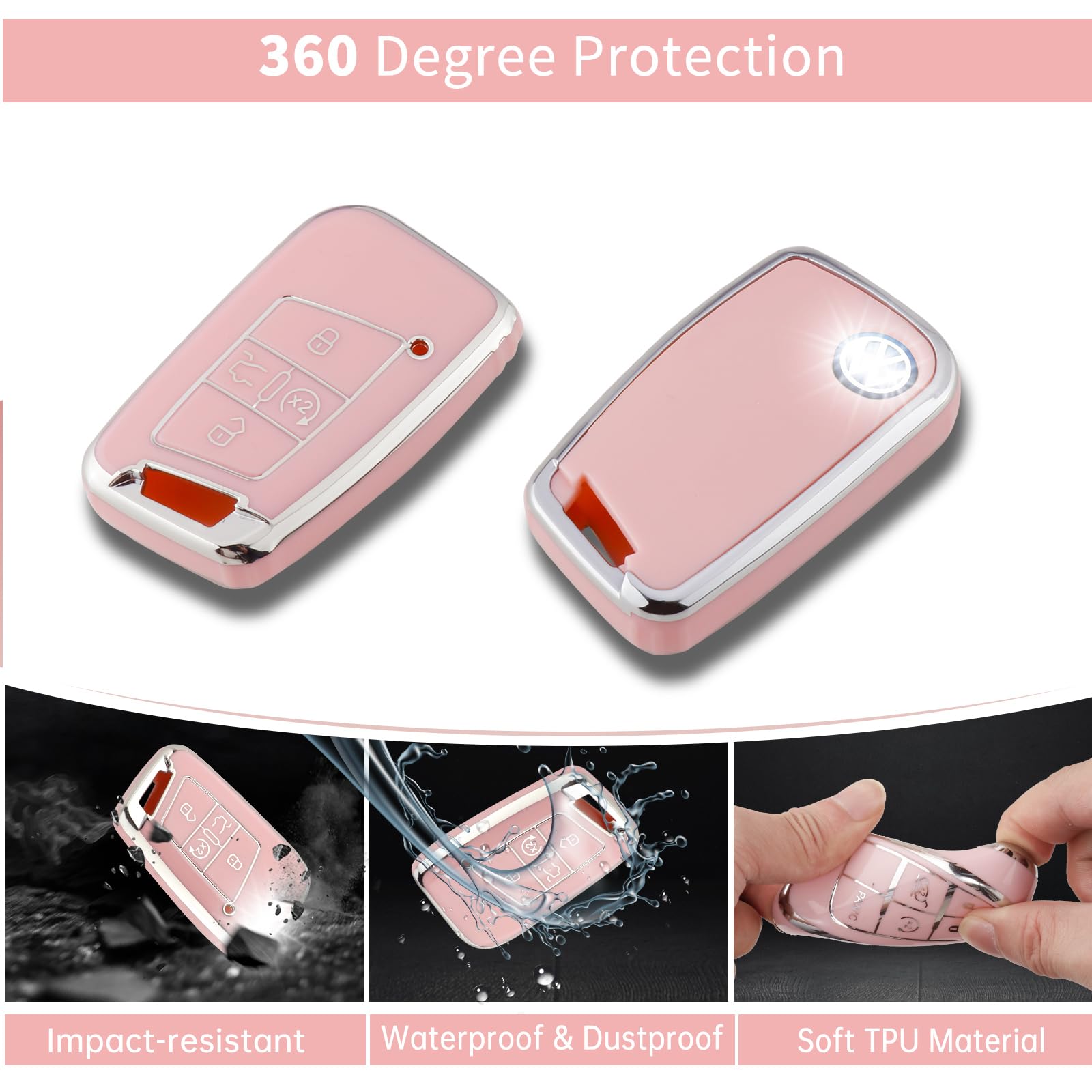 Pangpai Pink Key Fob Cover Set for VW Tiguan Atlas Jetta Passat Golf - 3 Pcs with Bling Keychain, Cute Push to Start Button Cover