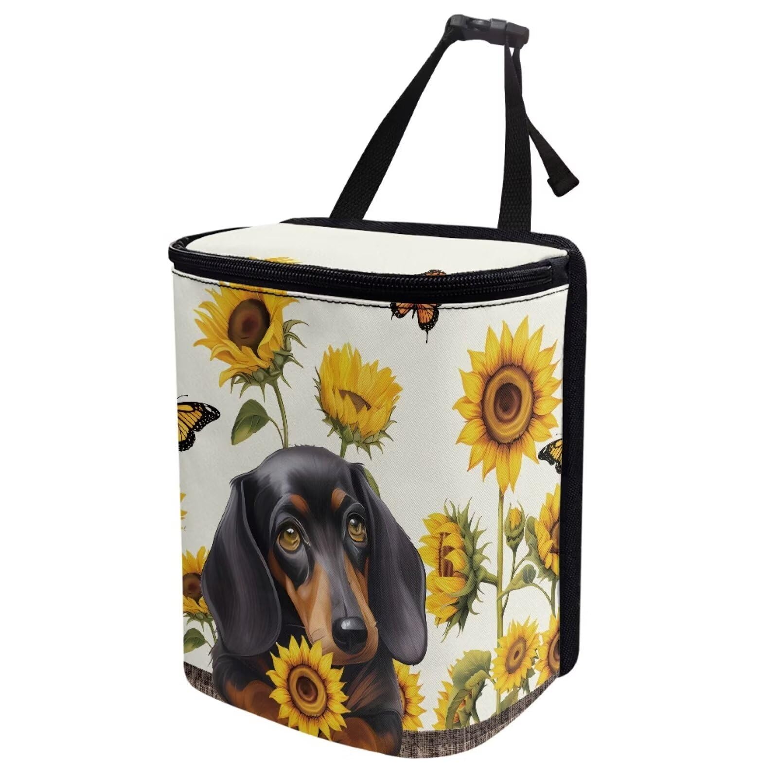 Talayituse Dachshund Sunflower Butterfly Print Car Trash Can with Adjustable Straps, Foldable Car Trash Bag Bin Car Garbage Bag 