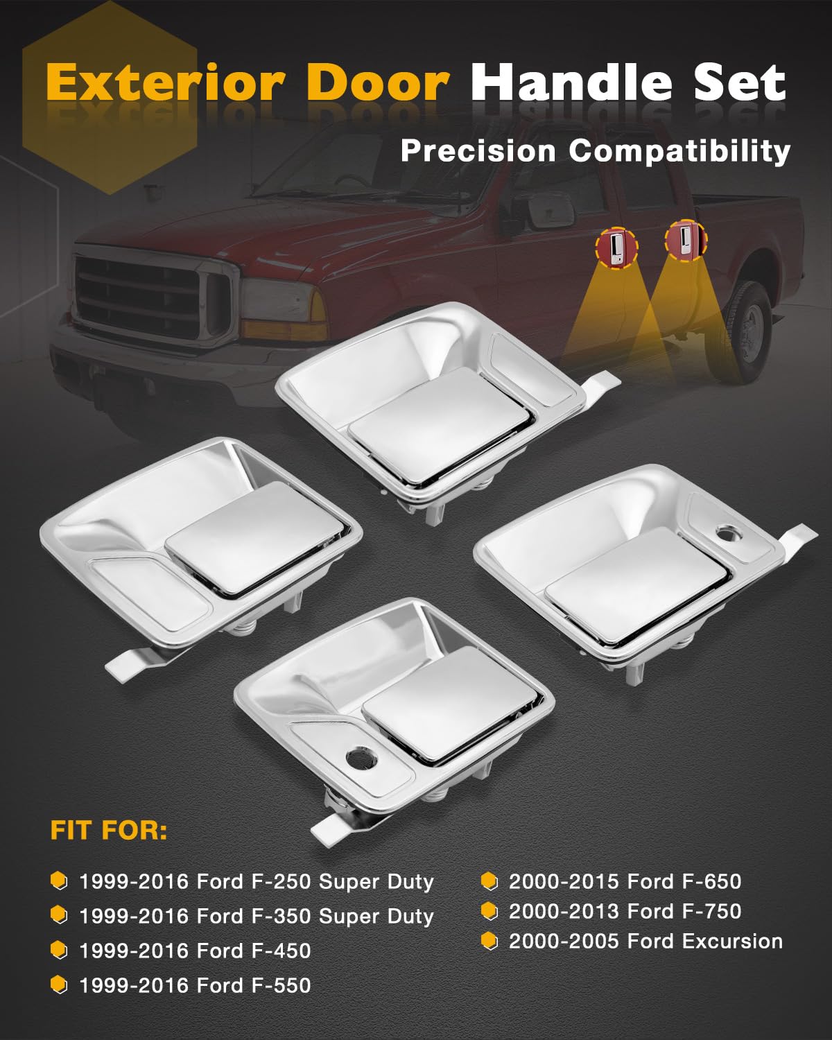Chrome Exterior Door Handle Set (4 Pcs), Compatible With 1999-2016 Ford F250 F350 F450 F550 Super Duty, 2000-2005 Ford Excursion