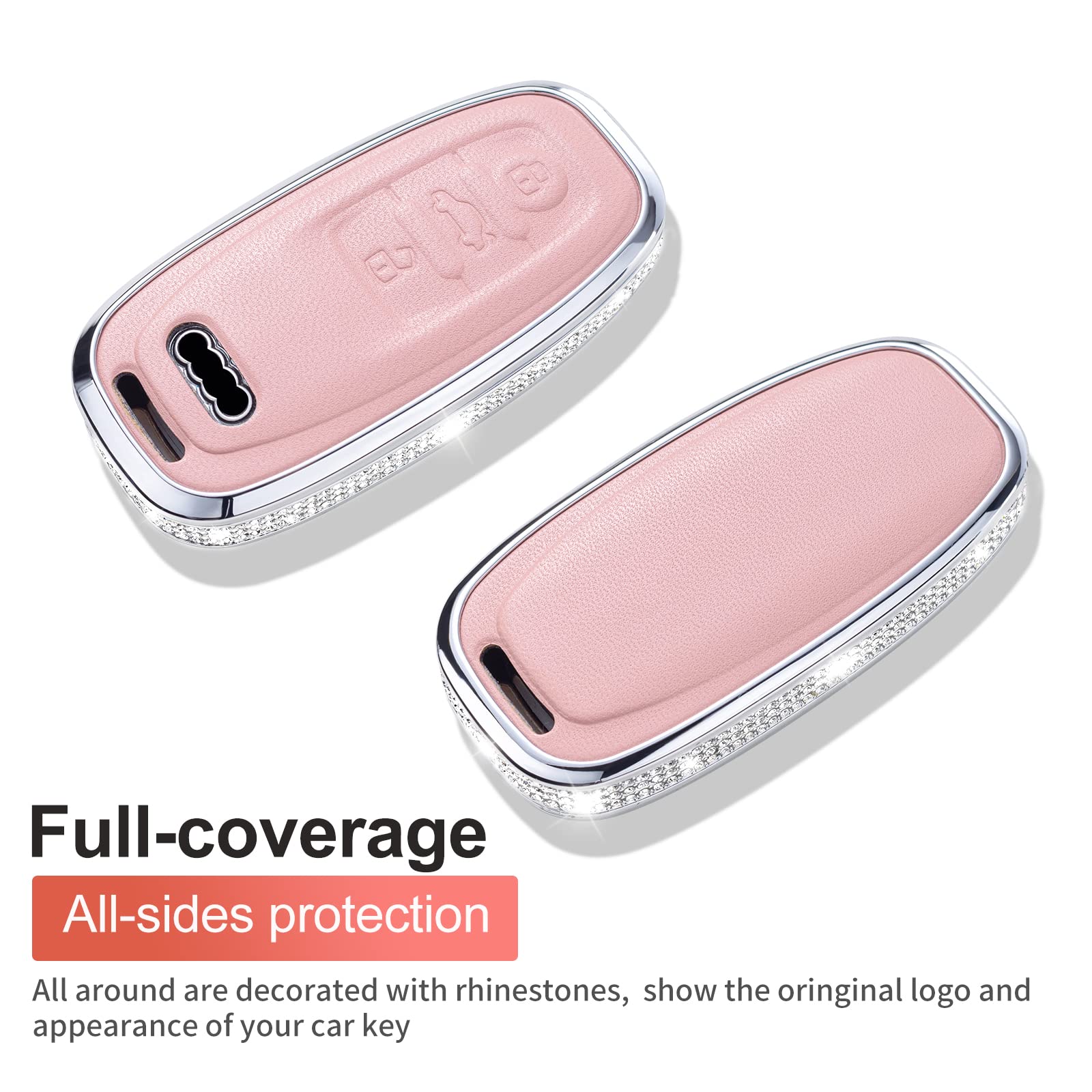 RUABIBAN Audi Key Fob Cover, Pink Genuine Leather with Crystals, Fits A4 A5 A6 A7 A8 Q5 Q7 S3 S4 S5 S6 S