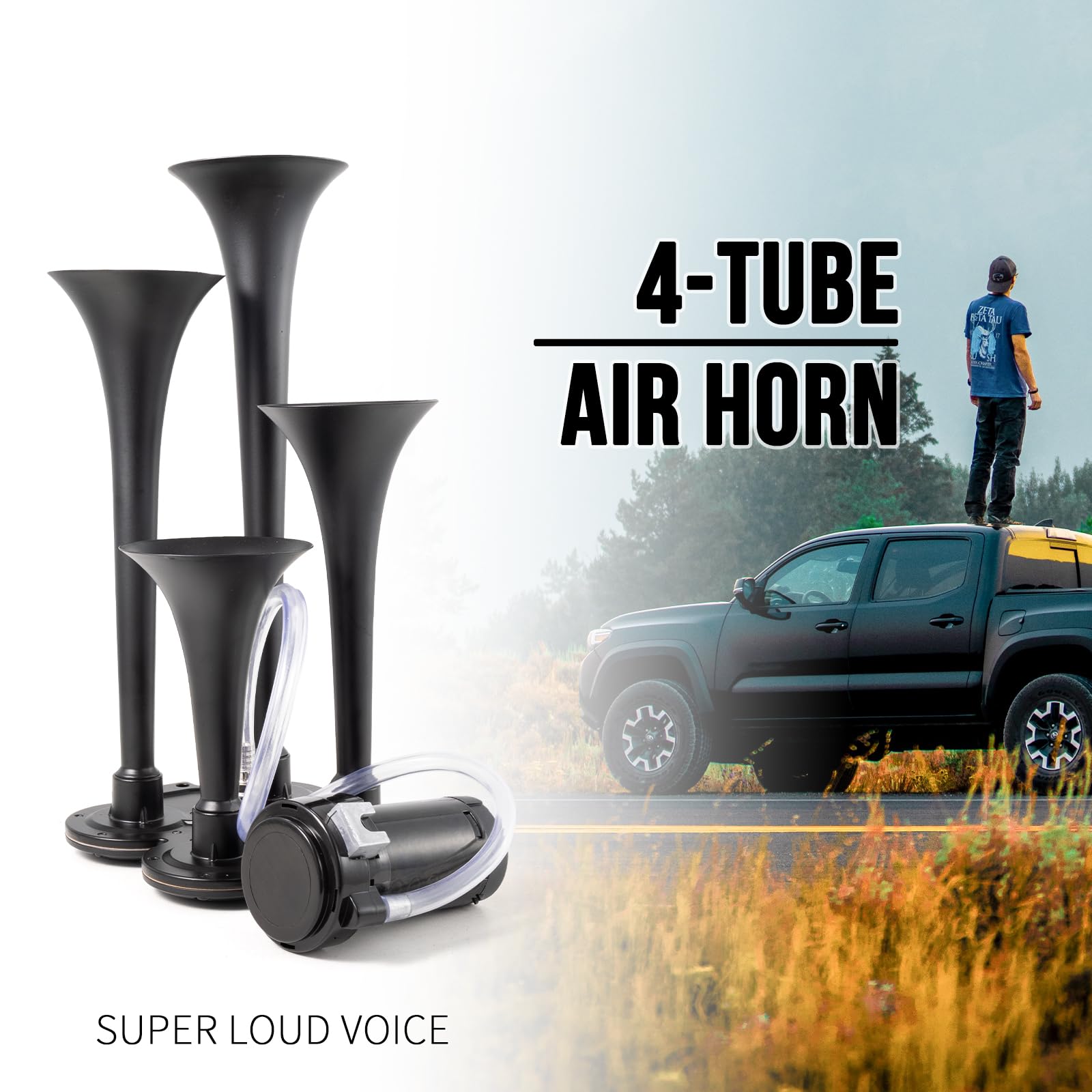 AOLIHAN 150dB Train Horns for Trucks 12V Truck Horn with Compressor Super Loud 4 Trumpet Air Horn for Car/Pickup/Van/SUV/Pickup