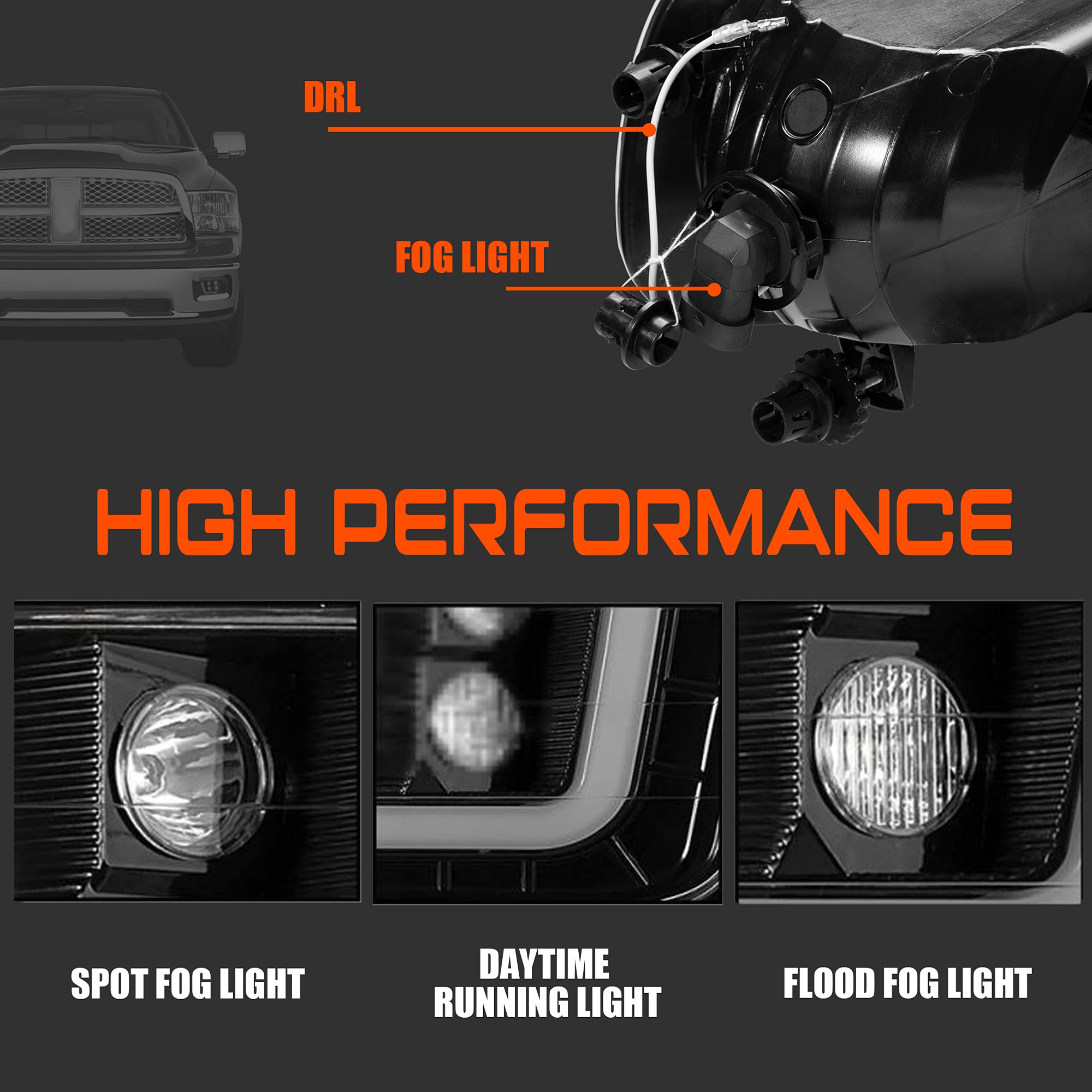 DRFG LED Fog Light with Daytime Running Light for 2009-2012 Dodge Ram 1500, 2010-2017 2500/3500, White