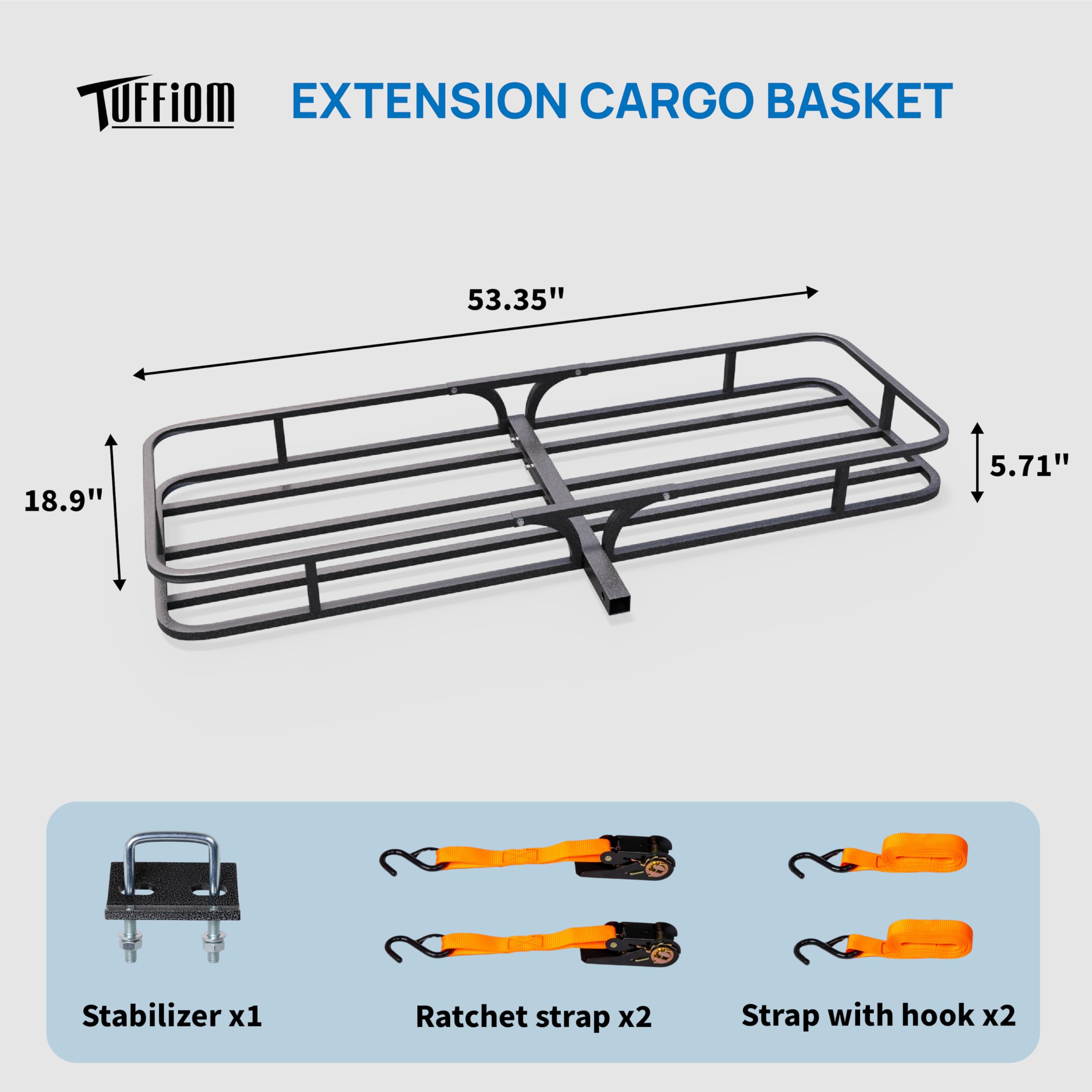 TUFFIOM Hitch Mount Cargo Carrier Basket, 54"x19"x5.5", 500lbs Capacity, Steel, Black and Grey, Model Hitchcarrier65