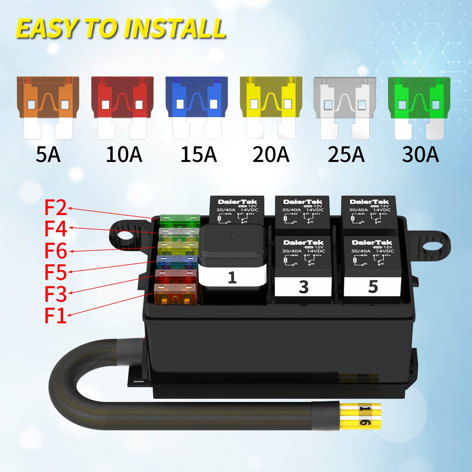Joinfworld Relay Box - 12V Waterproof Automotive Fuse & Relay Box with 6 Relays & 6 ATC/ATO Fuses for Car, Truck, Jeep, Boat