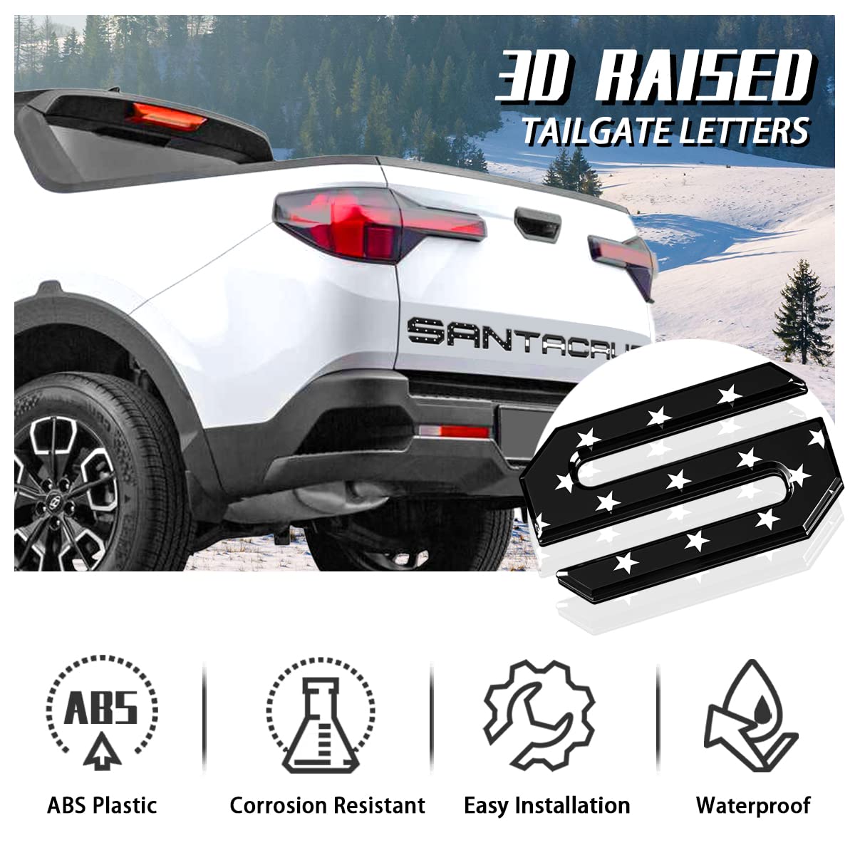 HMHN Tailgate Inserts Letters for 2022-2025 Santa Cruz, 3D Raised, Strong Adhesive, Black American Flag, Model SS-SKLS-119