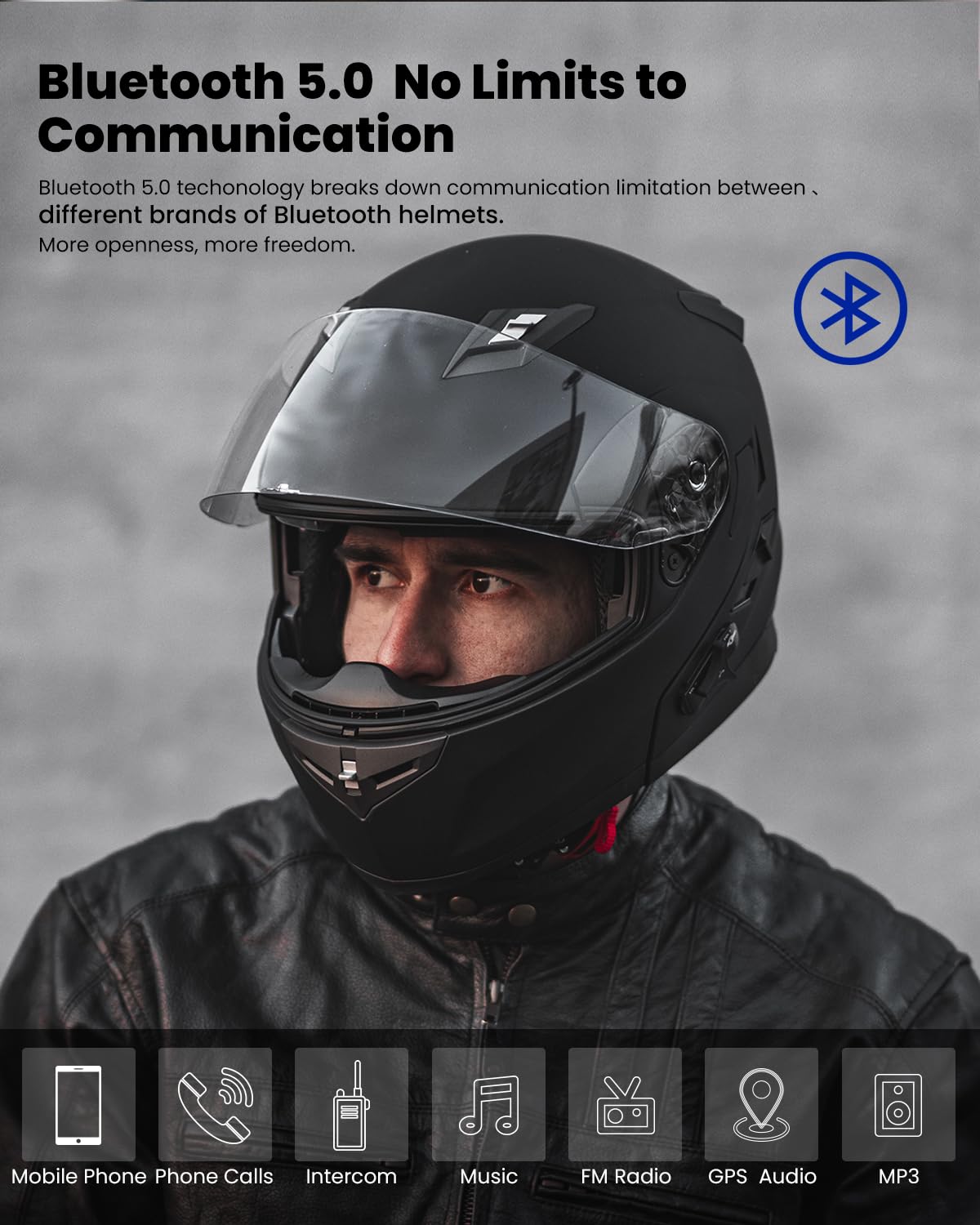 Ilm Bluetooth Integrated Modular Flip Up Full Face Motorcycle Helmet Sun Shield Mp3 Intercom Model 953Pro (L, Matte Black)