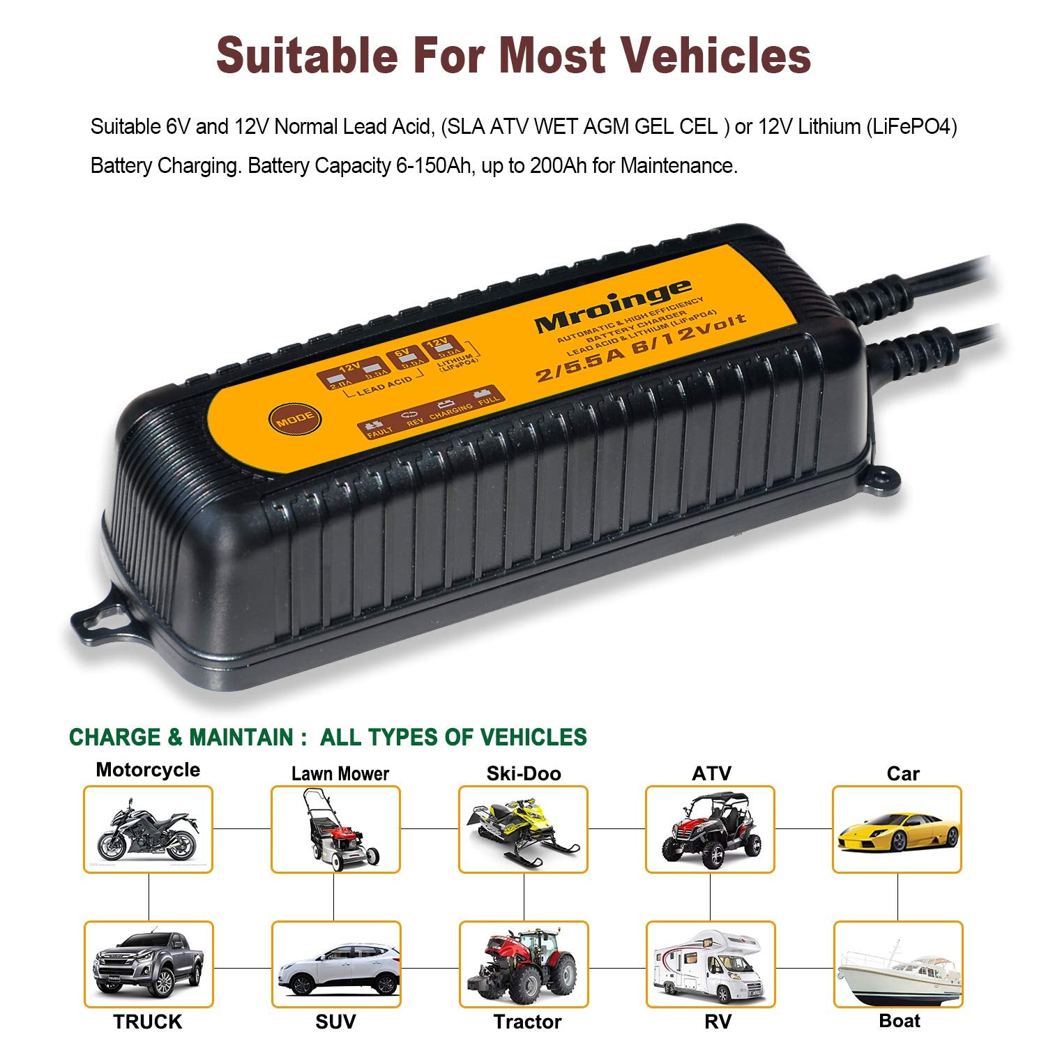 Mroinge Mbc055, 6V/12V 5.5A Smart Vehicle Battery Charger Maintainer For Cars Motorcycles Rvs Tvs Boat For Normal Lead Acid Gel
