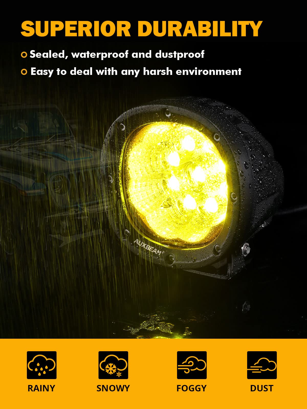 Auxbeam 4 Inch Amber Round LED Driving Lights, 90W 9000LM Off-Road Fog Pods, Aluminum & Polycarbonate, Model ZD000750-FBA