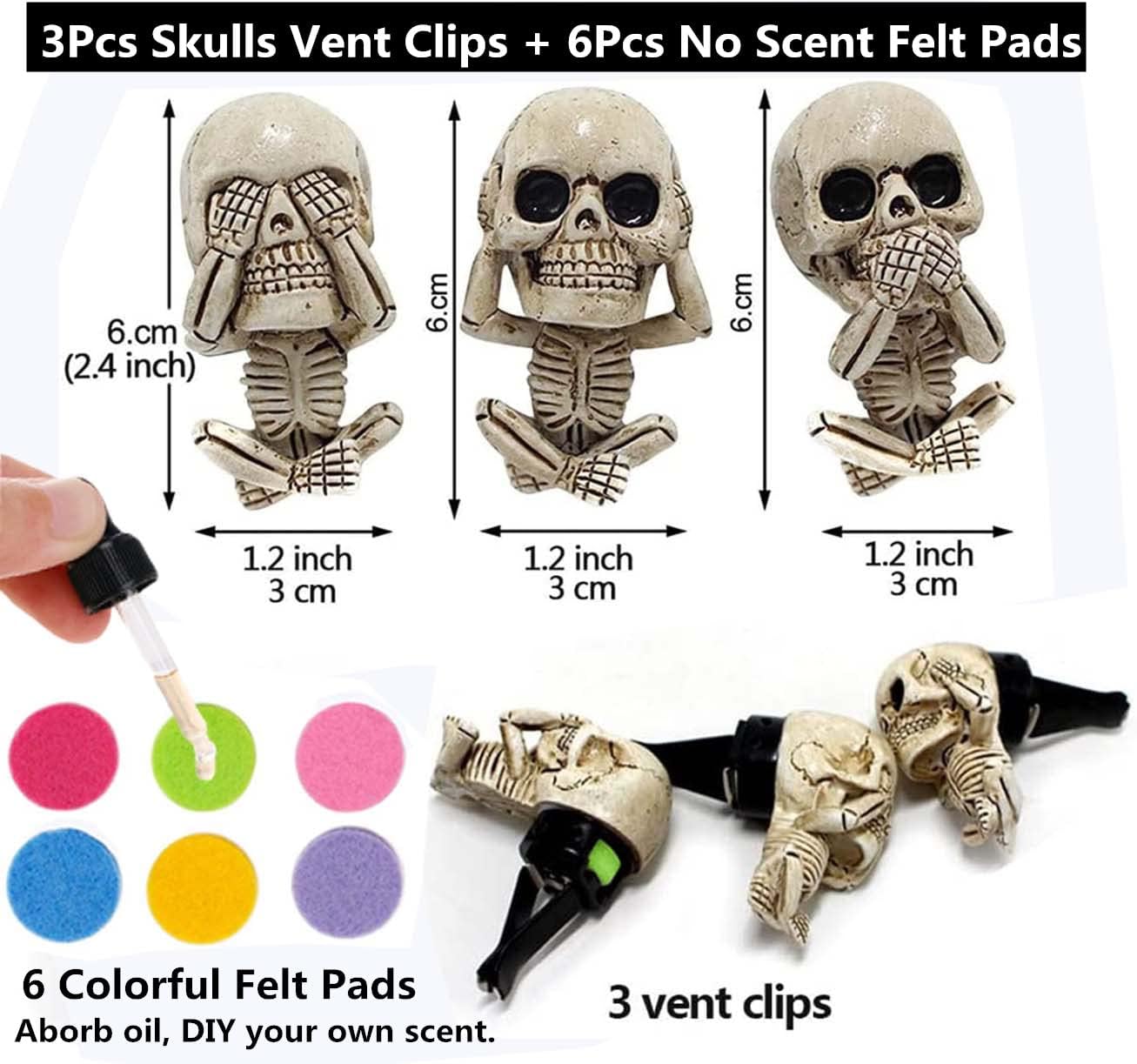 Evil Skull Car Air Fresheners Vent Clips, Cool Skull Car Accessories With 6 Felt Pads, Cute Automotive Halloween Car Decorations