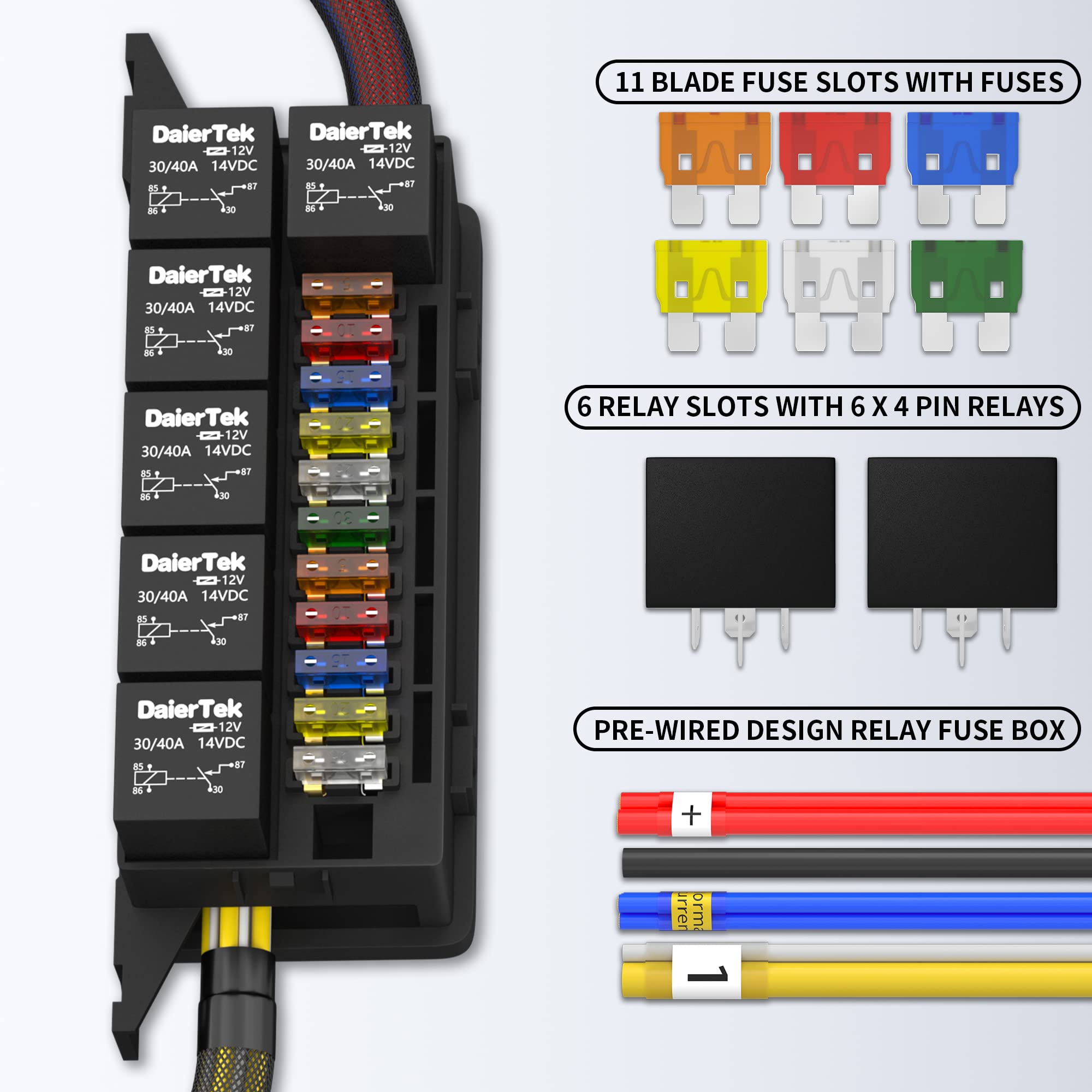 Rvboatpat 12V Fuse Relay Box With 6 Relays And 11 Way Atc/Ato Blade Fuses, Pre-Wired Fuse And Relay Box 12 Vlot Relay Fuse Box B