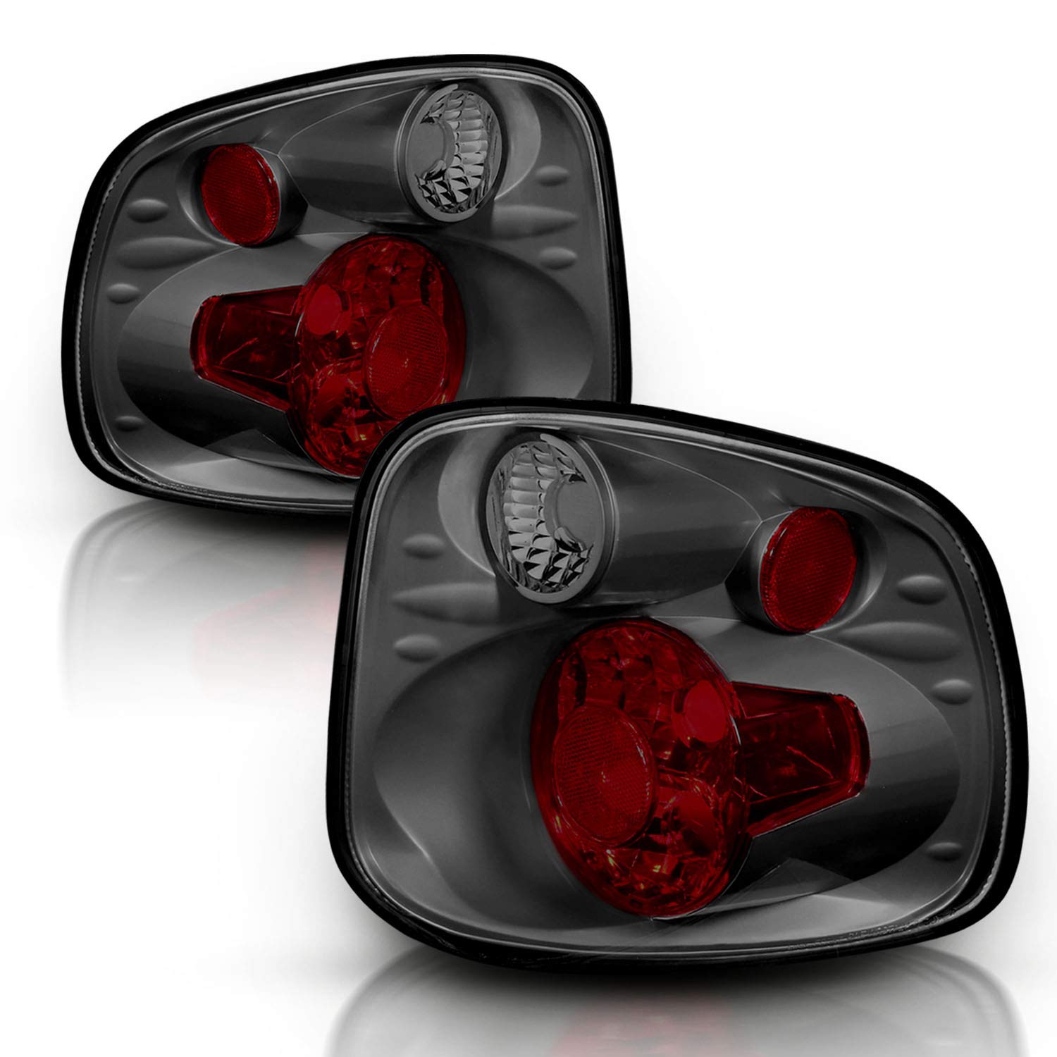 AmeriLite Euro Gun Metal Tail Lights for 2001-2003 Ford F-150 Flareside - Driver & Passenger Side, 2 Bulb Design, Silver Smoke