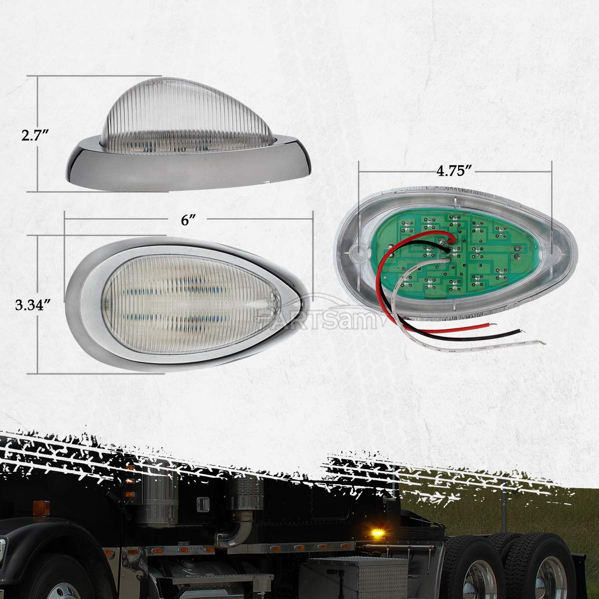 Partsam 2X Clear Lens 5-7/8 Amber 15Led Side Marker Lamp Turn Signal Teardrop Light W Chrome Bezel Replacement For Trucks Freightliner Columbia Coronado Classic Century