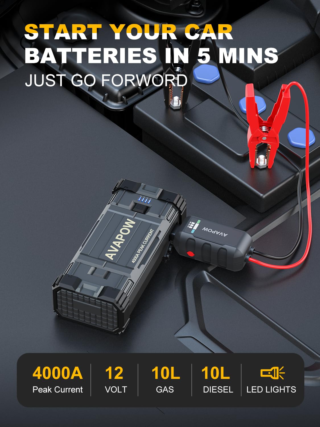 AVAPOW Car Jump Starter 4000A Peak - Portable Battery Booster for Gas & Diesel, 12V Jump Box with LED Light & USB Quick Charge 3.0
