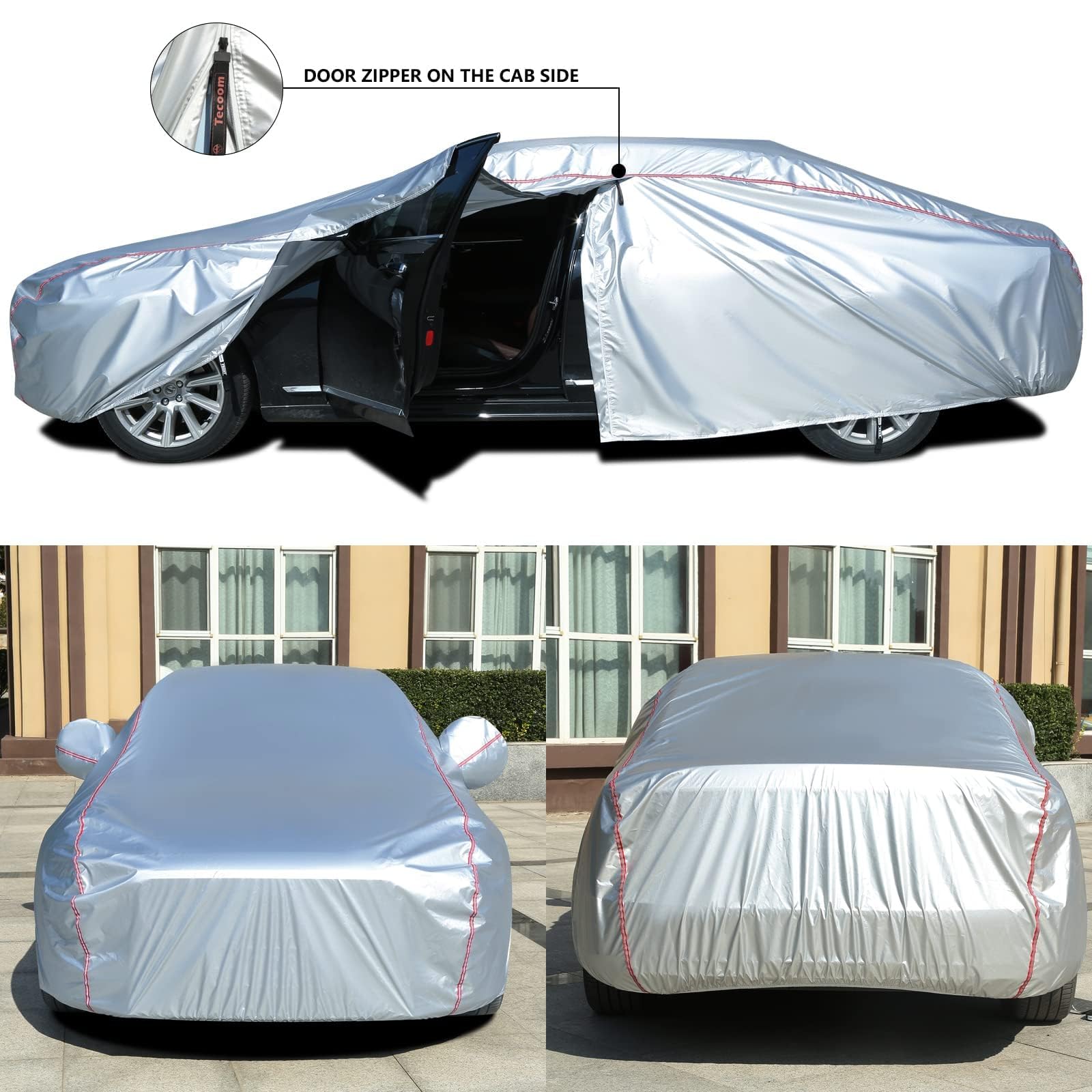 Tecoom Waterproof Sedan Car Cover Oxford W/Door Zipper, All Weather Car Cover For Automobiles, Uv-Proof Windproof Hail Sun Snow
