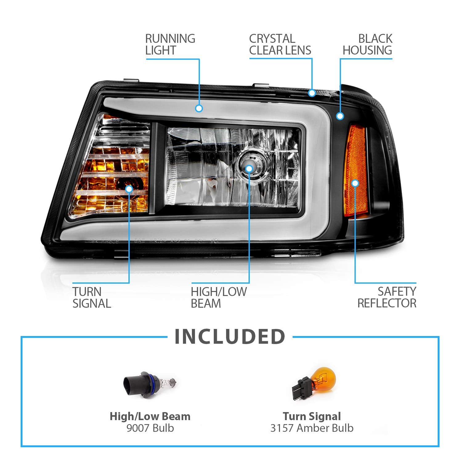 AmeriLite LED Halogen Headlights for 2001-2011 Ford Ranger, Black, Passenger & Driver Side, Vehicle Light Assembly