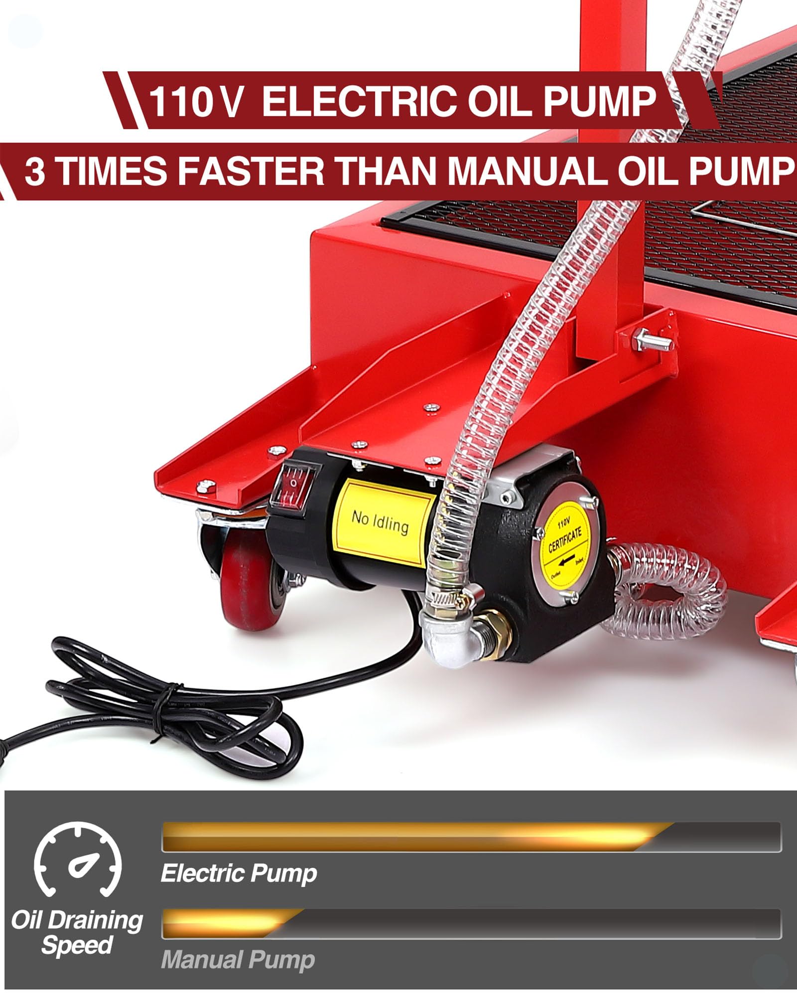 Dexso 20 Gallon Electric Oil Drain Pan With 110V Pump & 8 Ft Hose, Low Profile & T Folding Handle Oil Drain Cart For Truck Cars