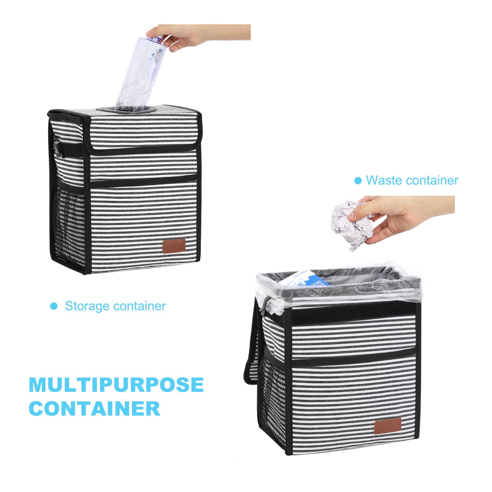 Femuar Car Trash Can Leak Proof Car Trash Bag Waterproof Car Garbage Can With Lid With Storage Mesh Pocket, Large/Stripe