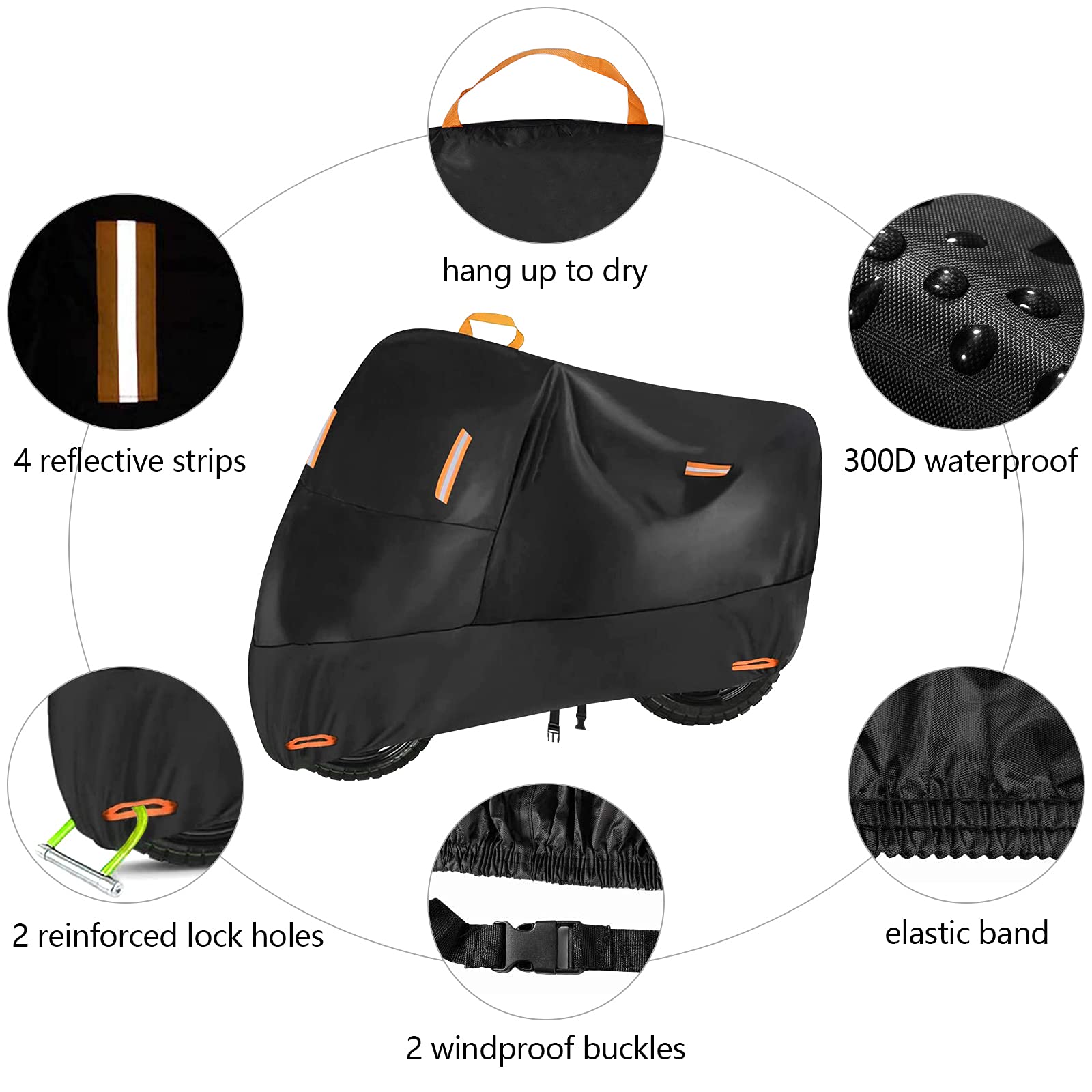 Seceles 300D Heavy Duty Motorcycle Cover, Waterproof, Fits up to 78", Black, with 4 Reflective Strips and Storage Bag