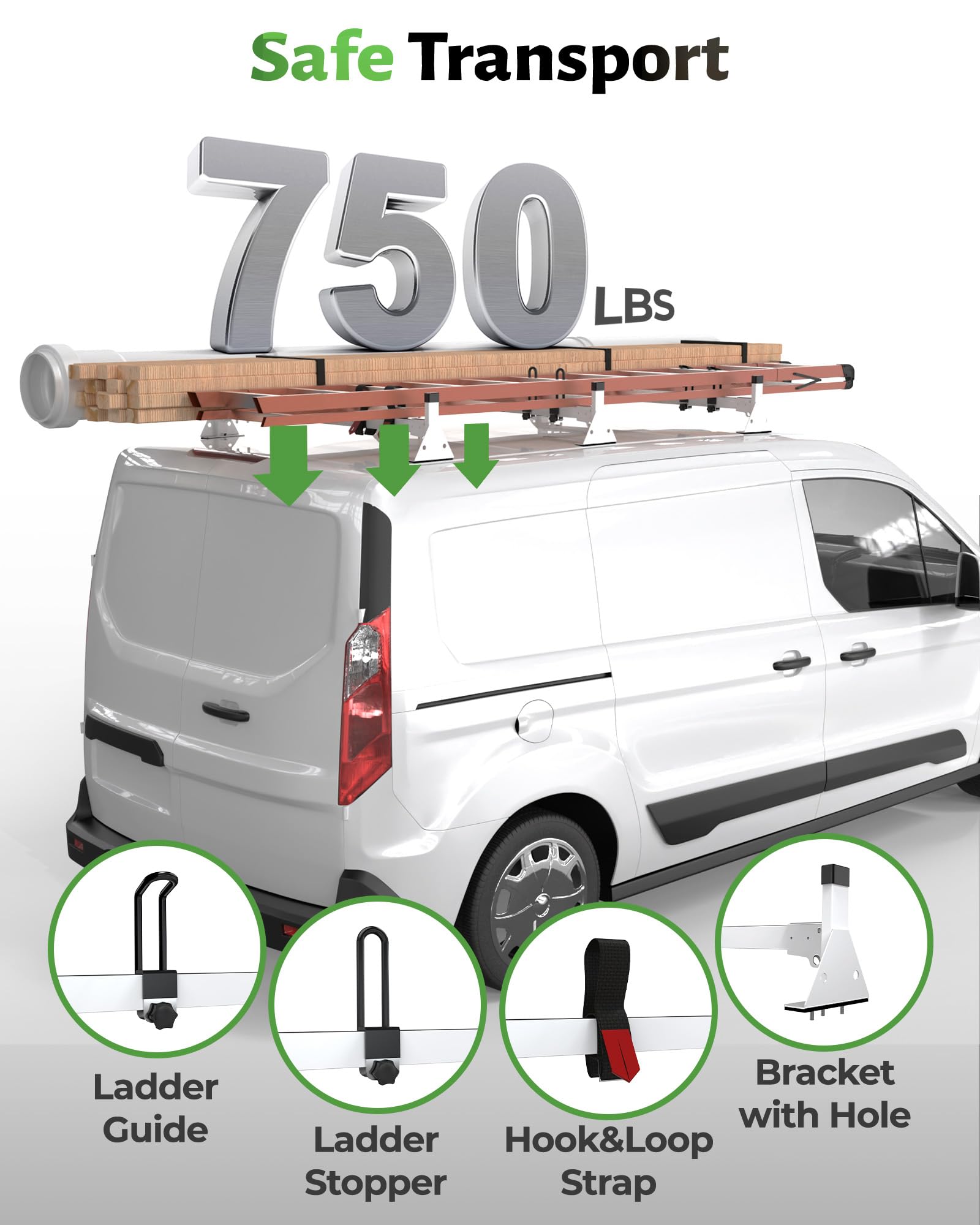 StarONE 46'' Van Ladder Rack,Van Roof Rack Fit for 2014-On Ford Transit Connect,White,3 Bars,750lbs