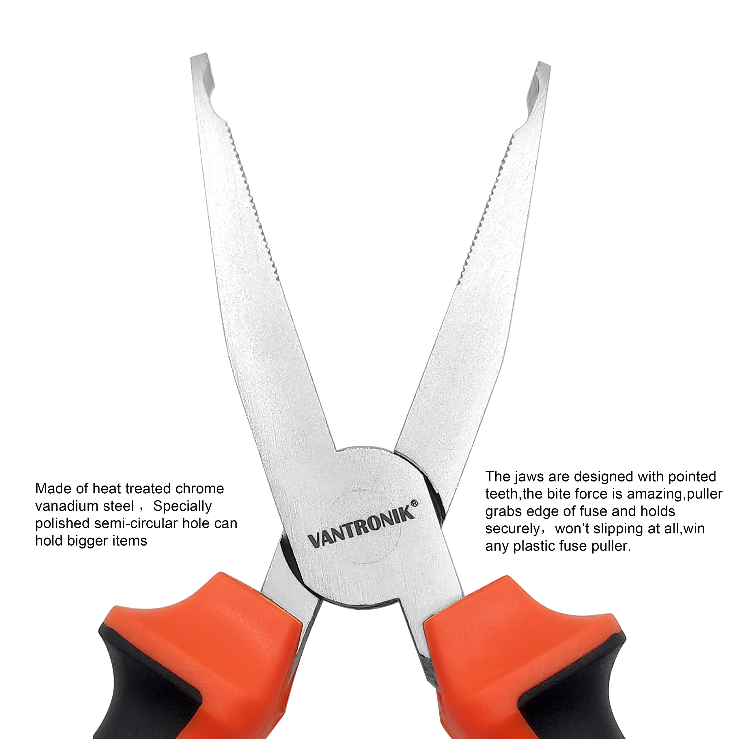 VANTRONIK Fuse Puller Tool, 6.5" Insulated Handles, Chrome Vanadium Steel, Orange and Black, Model oilkk-755