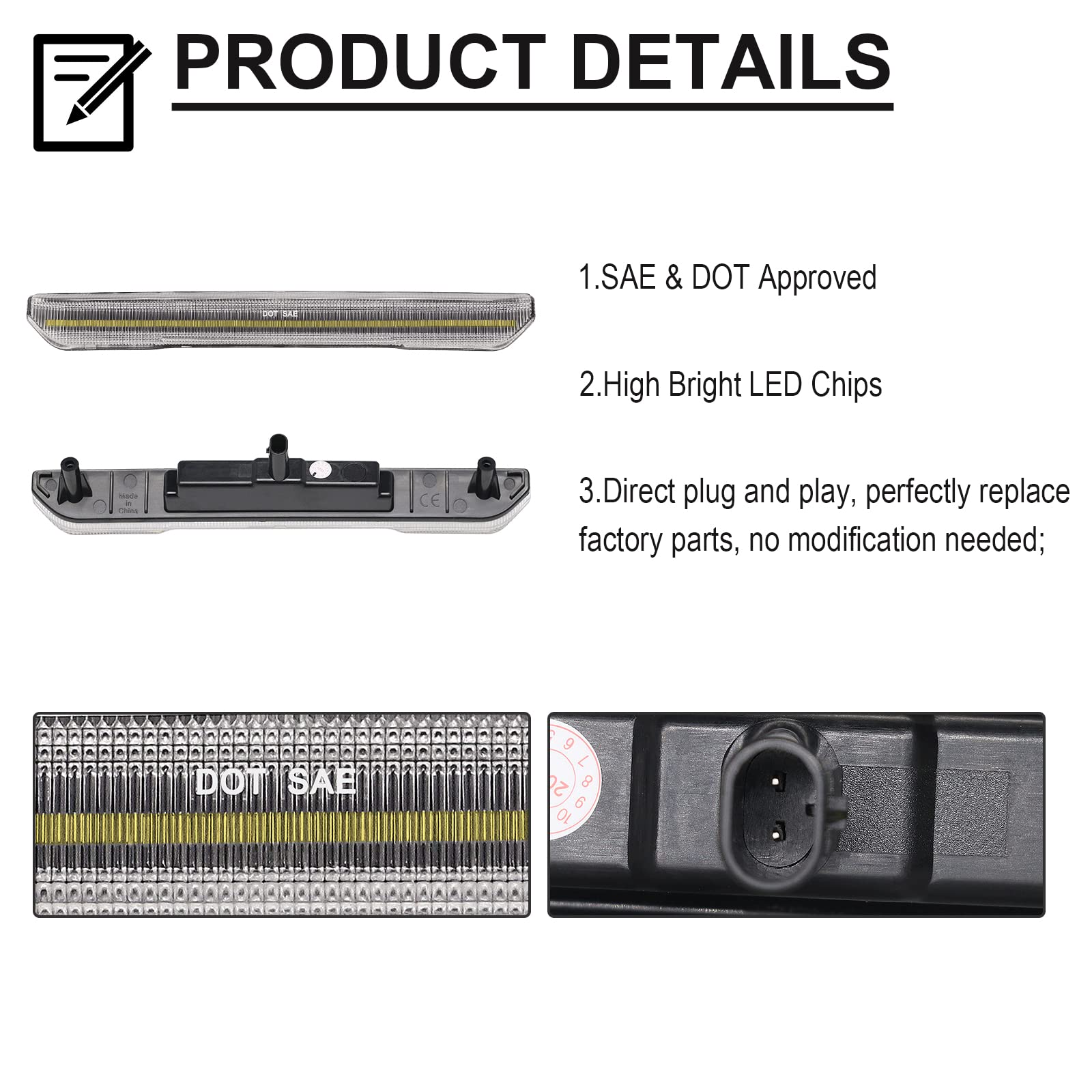 Mynoway White LED Side Marker Lamp Replacement for Sierra 2500HD/3500HD, 4PCS Clear Lens, Plastic, 2020-2024