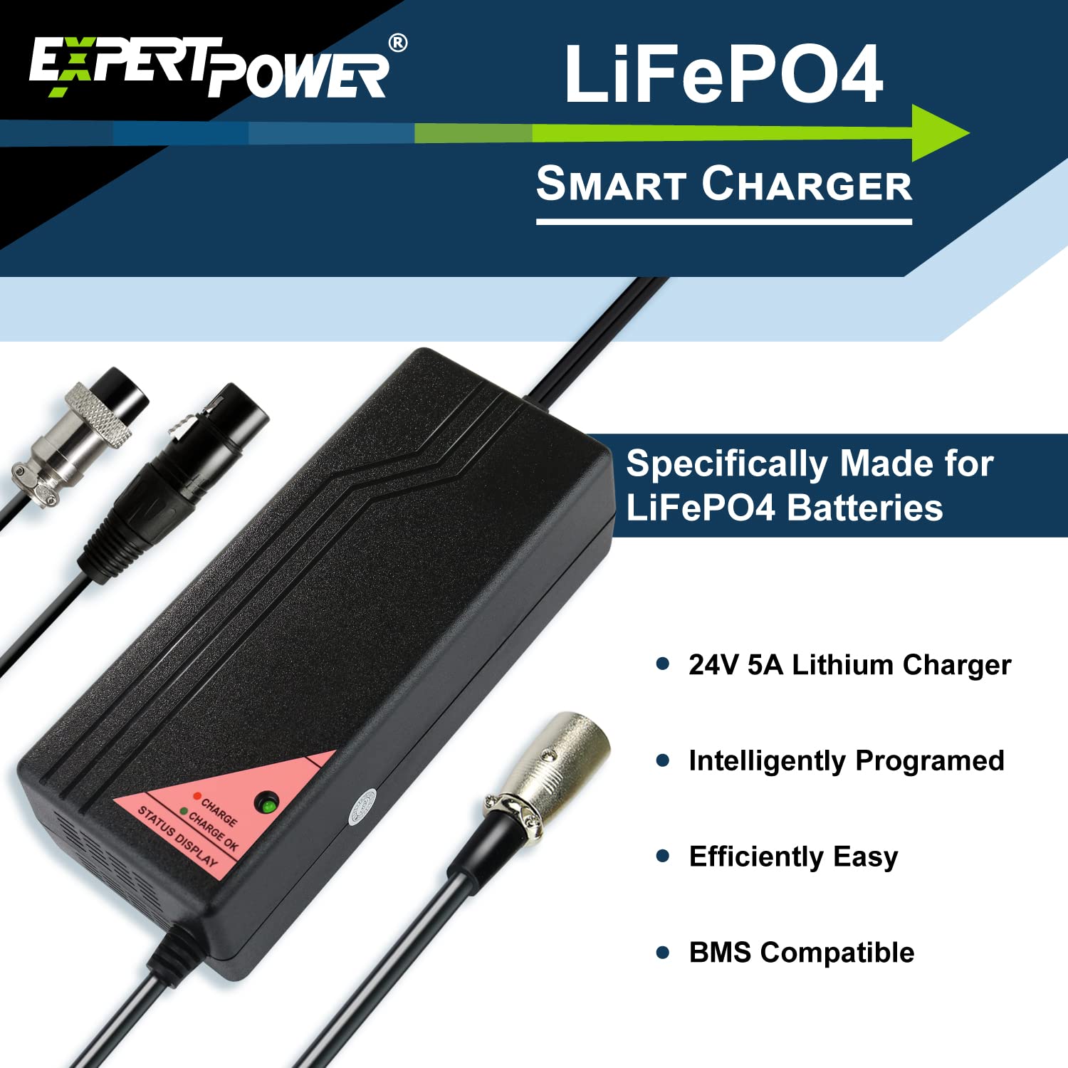 ExpertPower 24V 5A Smart Electric Scooter Charger for Lithium Batteries | Model EPC245 | XLR Male/Inline Female Connector