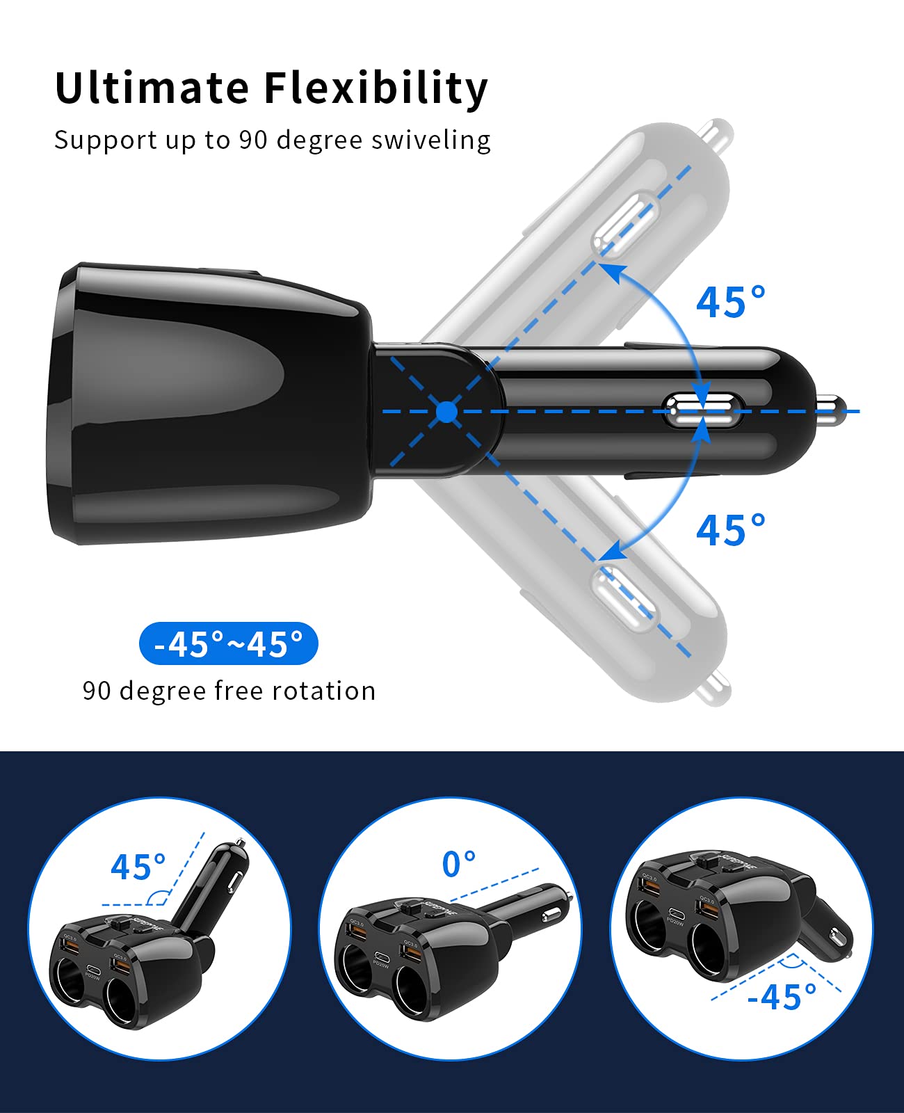 SUPERONE 180W Cigarette Lighter Splitter Adapter with Dual QC3.0 & 20W PD USB C Charger - Black, Model C46Q