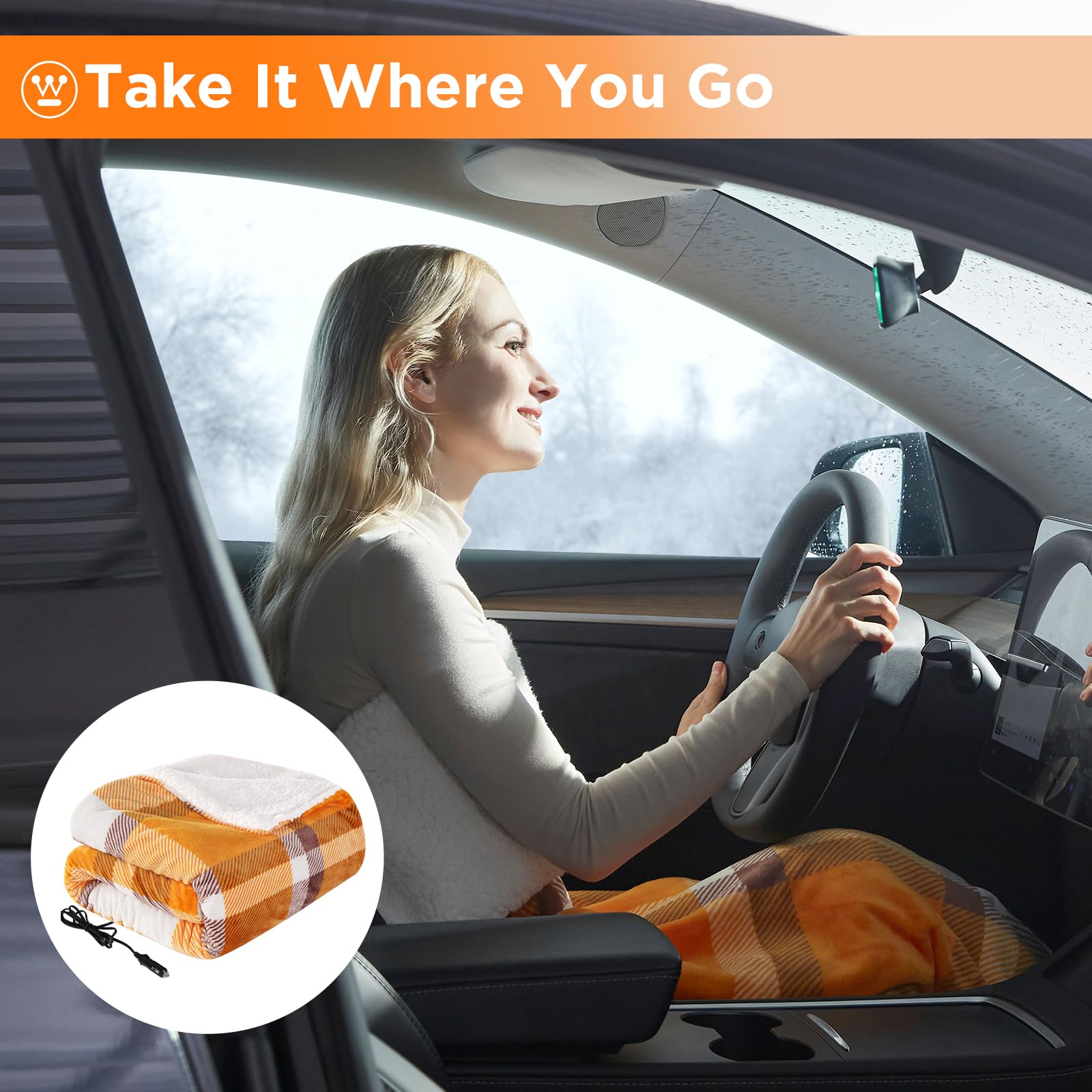 Westinghouse Heated Car Blanket, 12-Volt Electric Blanket for Car, Truck, SUV, RV, Portable Heated Throw for Camping, Orange Buf