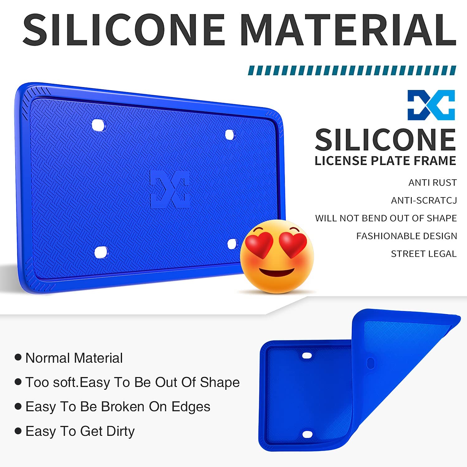 Xclpf Silicone Blue License Plate Frame Covers 2 Pack- Front And Back Car Plate Bracket Holders. Rust-Proof, Rattle-Proof, Weath