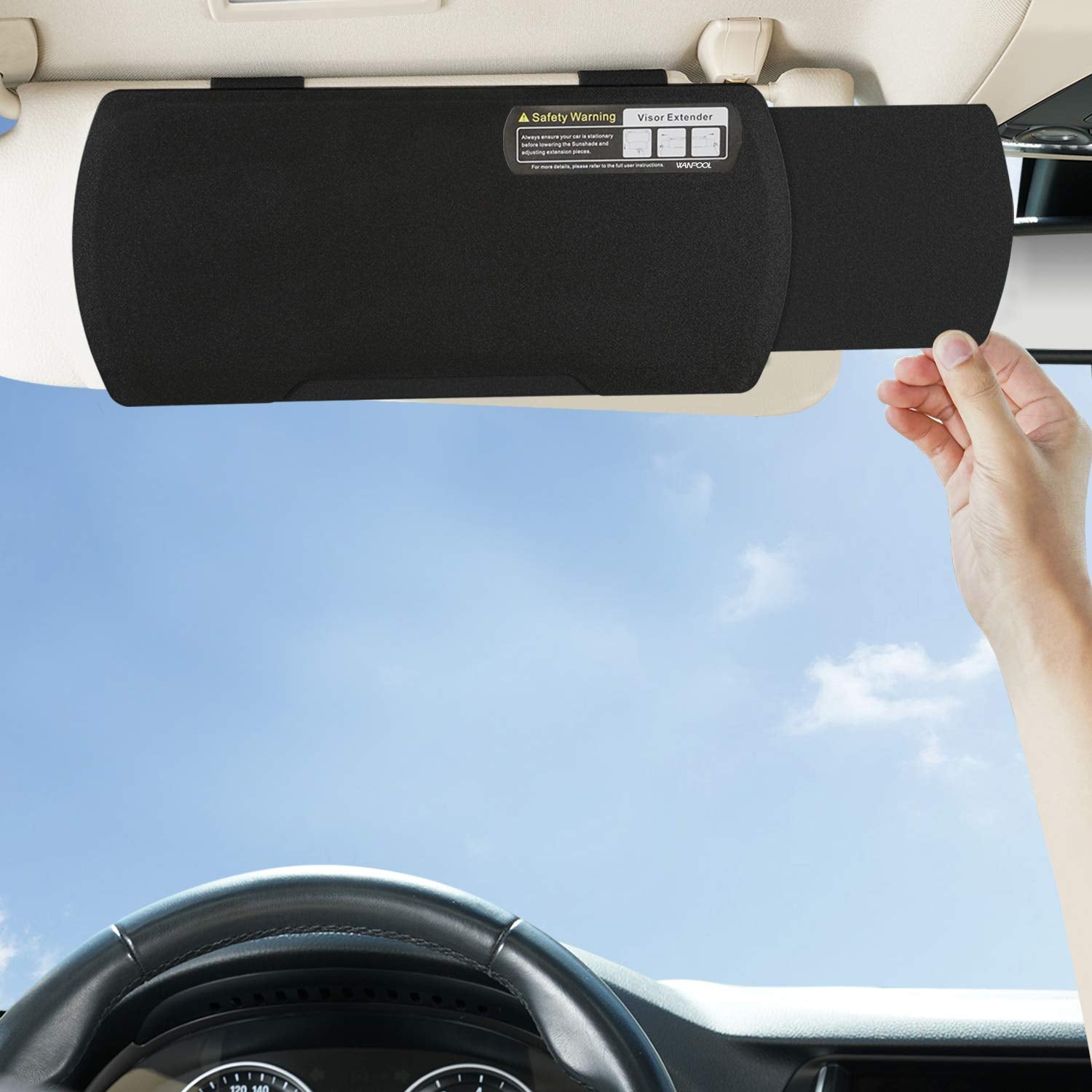 WANPOOL Car Visor Sunshade Extender, Anti-Glare Blocker, Black, Model WP-6, Polypropylene, 1 Piece