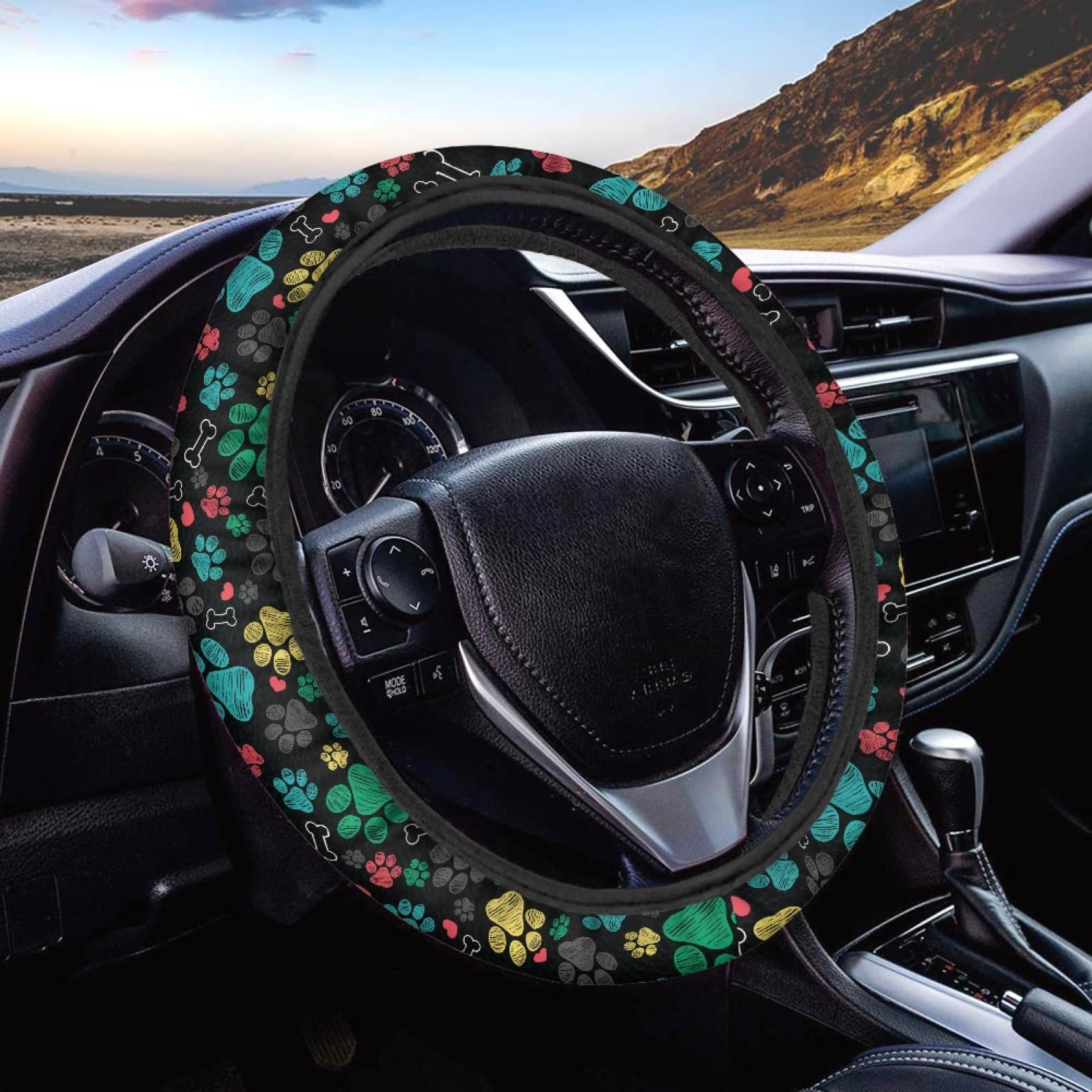 Afpanqz Puppy Paws Print Steering Wheel Protection Stretch-On Fabric Machine Washable Women Men Neoprene Automotive Steering Whe