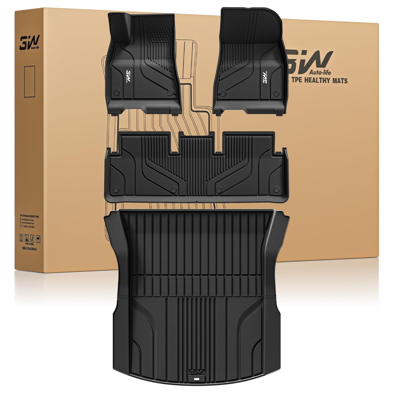3W Floor Mats and Cargo Liner for Tesla Model 3 2024 2025 TPE All Weather Custom Fit Cargo 1st and 2nd Rows Car Accessories Rear