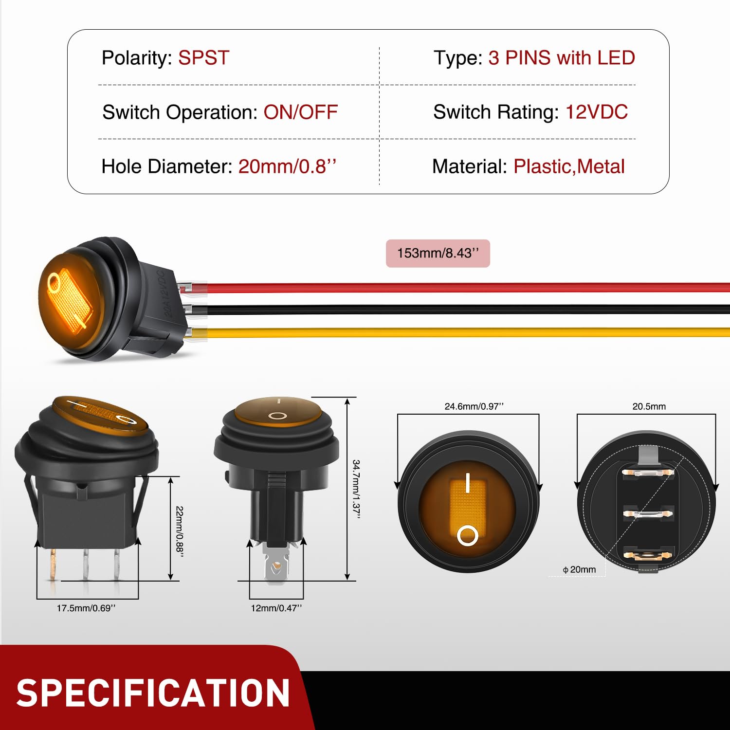Nilight 5Pcs Waterproof Round Rocker Toggle Yellow Led Switch 12V 20A 3 Pin On Off Spst For Car Truck Boat Marine Automotive Rv
