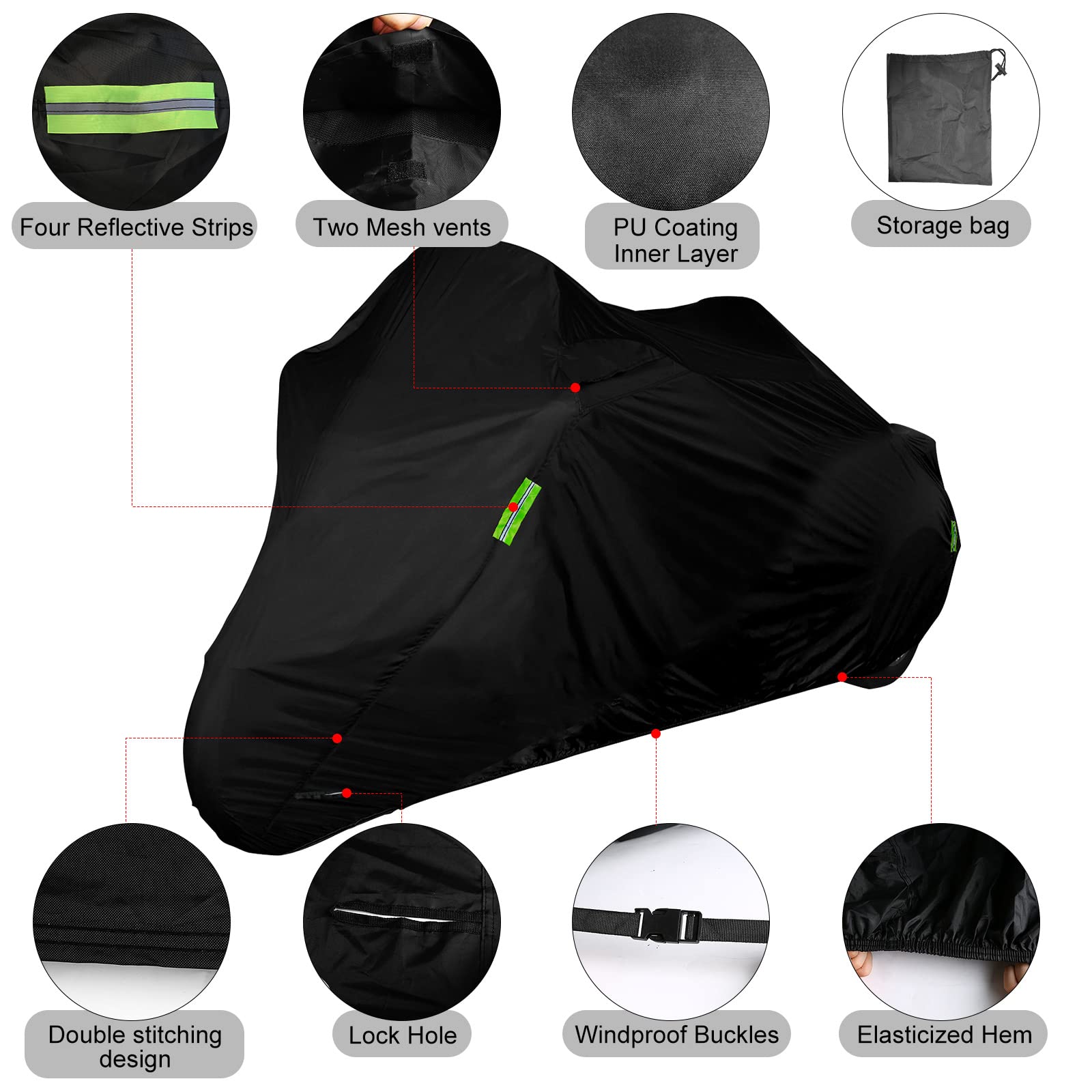 sportuli Waterproof Trike Cover for Harley-Davidson & Honda, Heavy Duty 420D Oxford Cloth, Black, Model ZFN0004, Reflective Strips